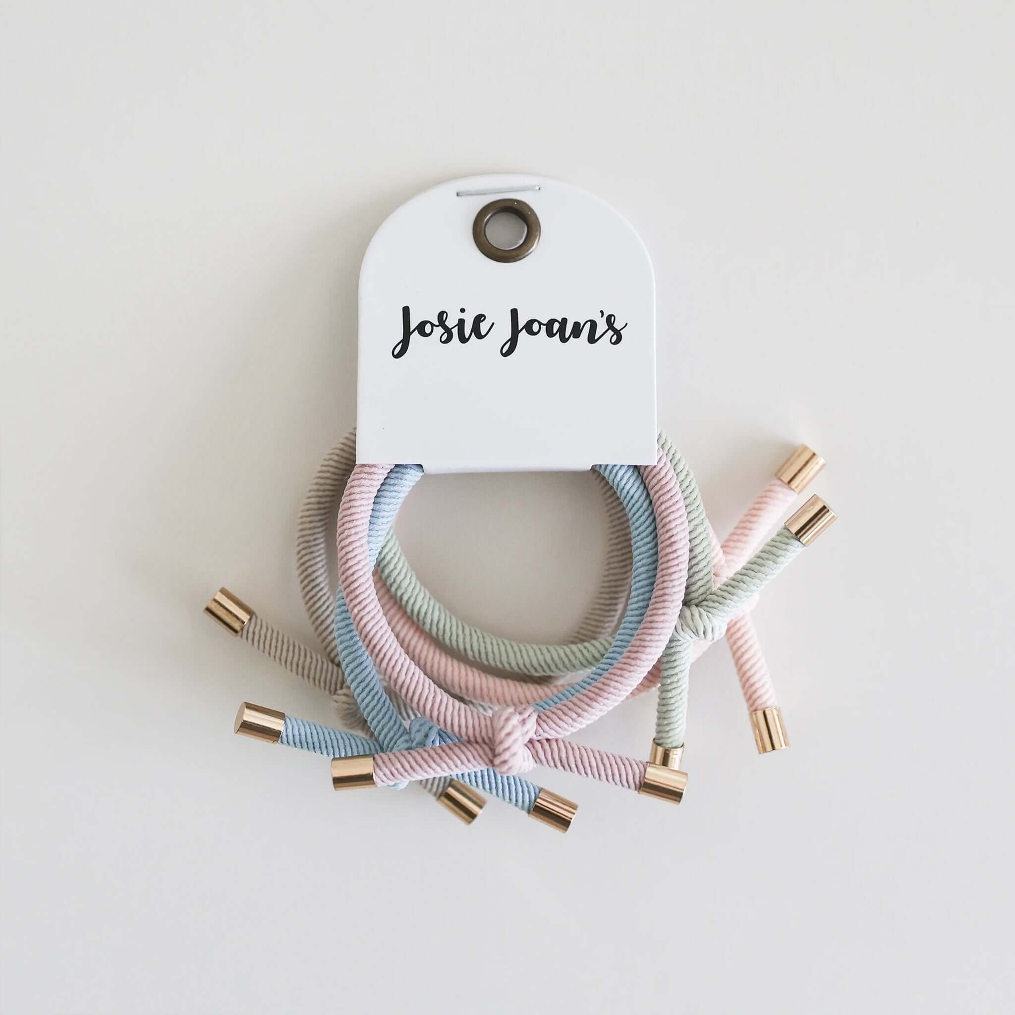Alt Tag: Josie Joan's Hair Tie Set - Piper pastel knotted hair ties with gold tips, gentle kids ponytail elastics set of five