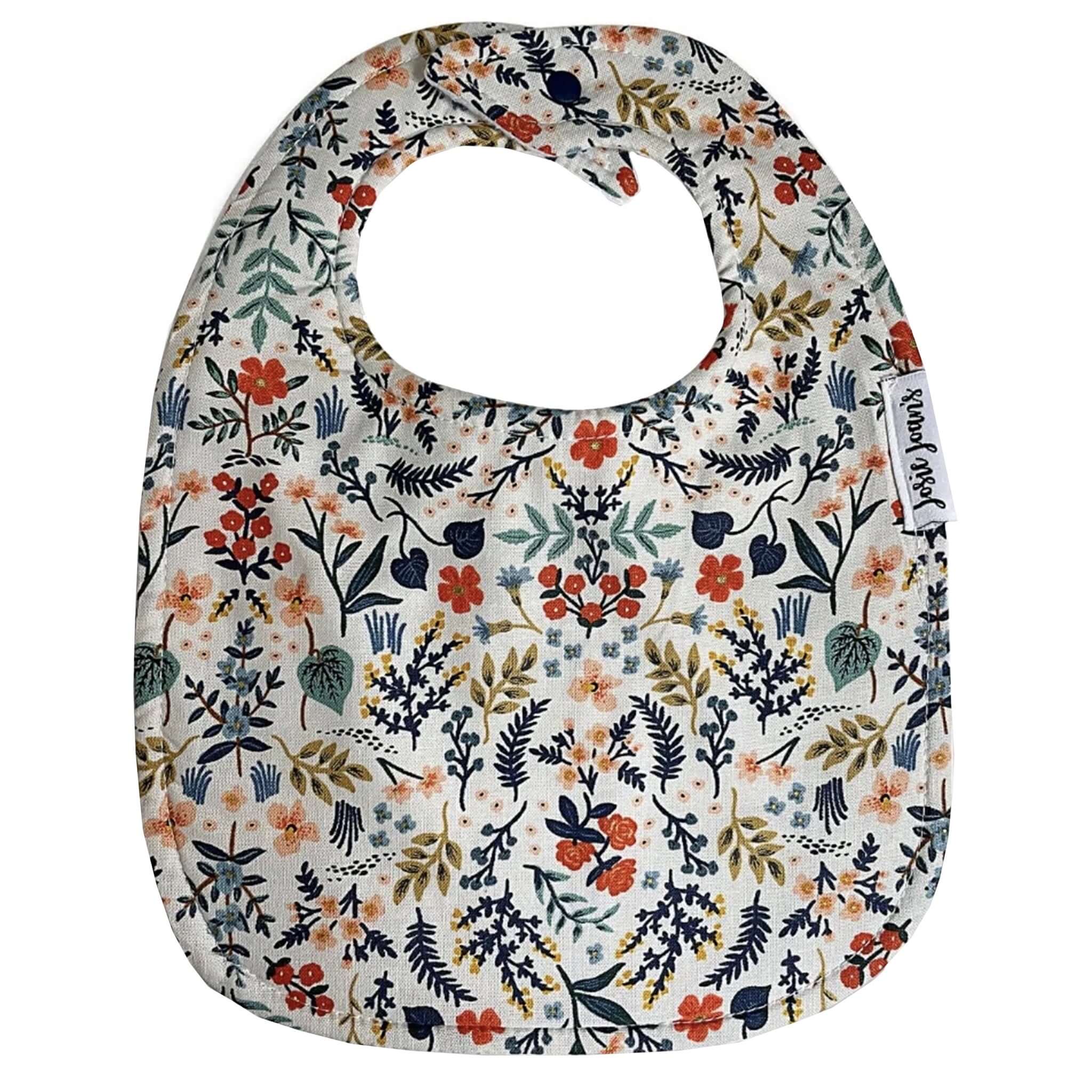 Alt Tag: Josie Joan's Linen Bib - Goldie floral Rifle Paper Co fabric baby bib with snap buttons and absorbent micro fleece backing