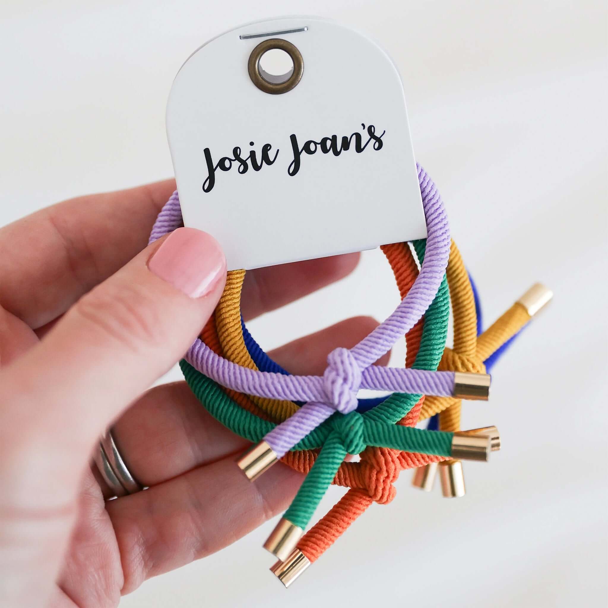 Alt Tag: Josie Joan's Hair Tie Set - Blake vibrant knotted hair ties with gold tips, gentle kids ponytail elastics, mix and match set
