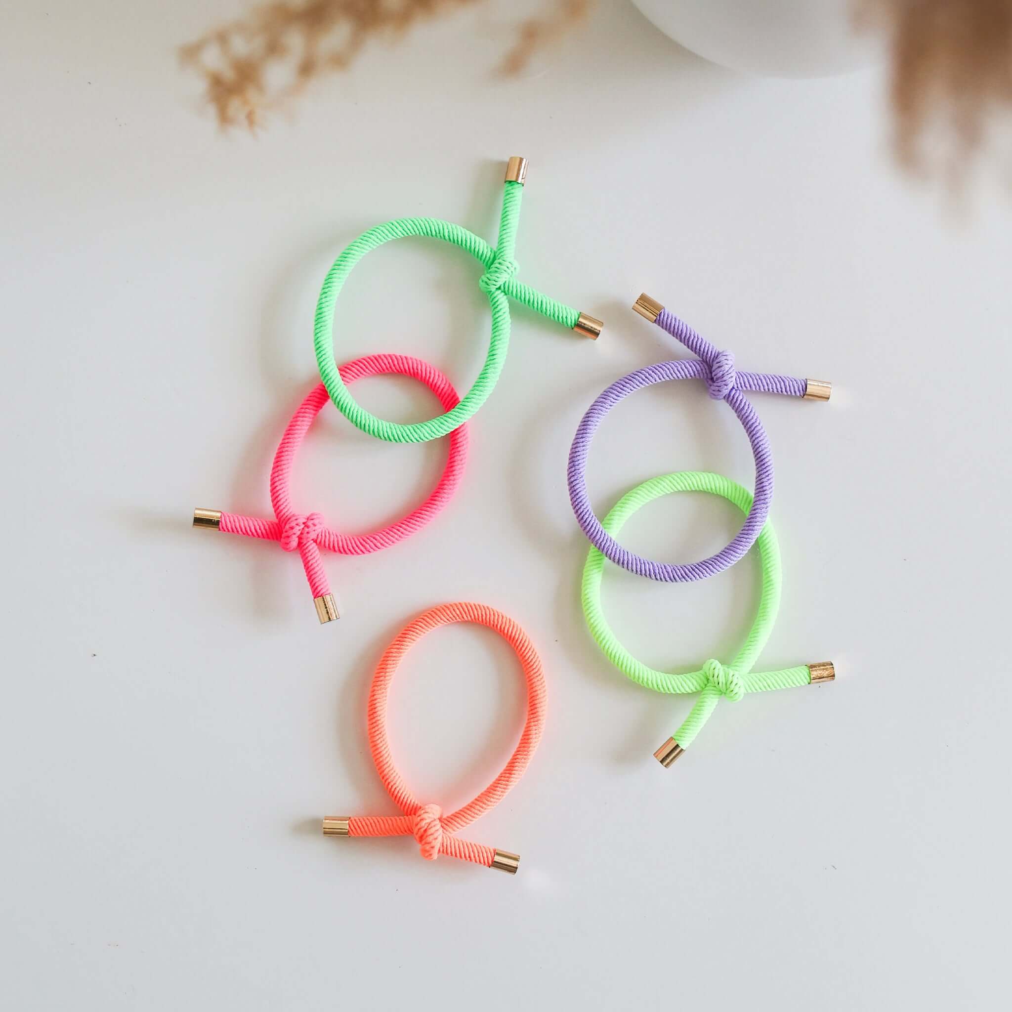 Alt Tag: Josie Joan's Hair Tie Set - Nora colourful knotted hair ties with gold tips for kids ponytails and everyday styling