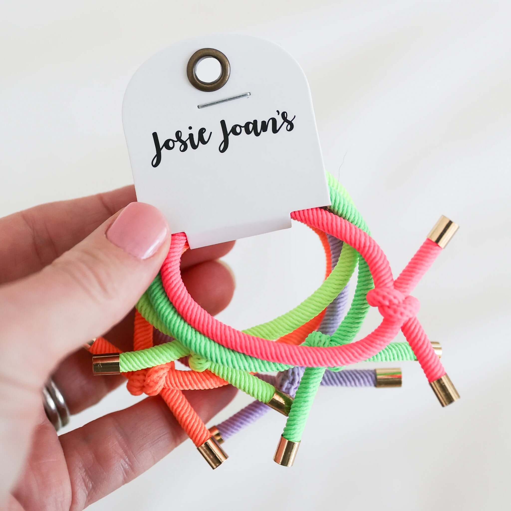 Alt Tag: Josie Joan's Hair Tie Set - Nora with 5 colourful knotted hair ties featuring subtle gold details for gentle everyday kids styling
