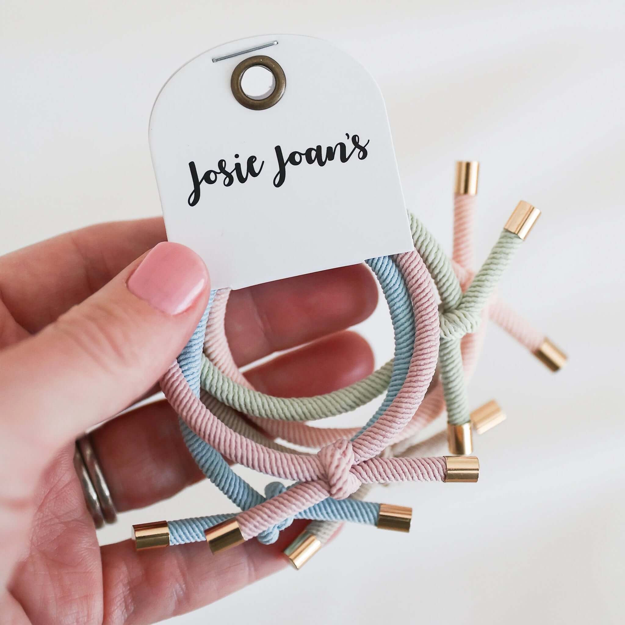 Alt Tag: Josie Joan's Hair Tie Set - Piper five pastel knotted hair ties with gold ends, gentle kids ponytail elastics