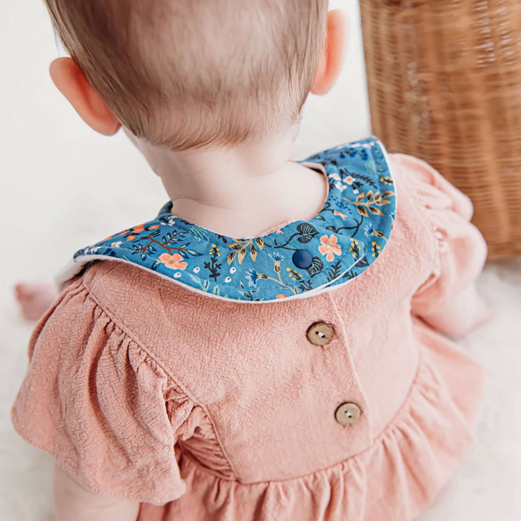 Alt Tag: Josie Joan's Linen Bib - Bethany floral linen baby bib with micro fleece backing and snap buttons, soft absorbent for mealtimes