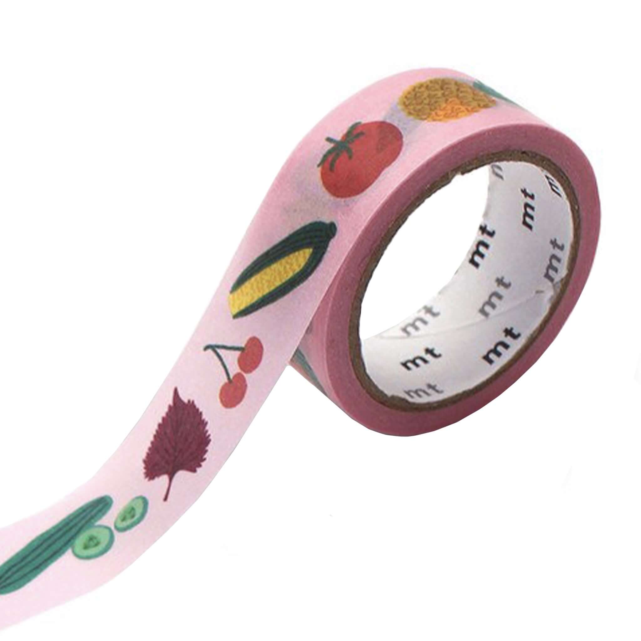 Alt Tag: Kamoi Kakoshi Japan MT Washi Tape - Lea Maupetit Endless Summer pink washi masking tape roll with colorful fruit illustrations