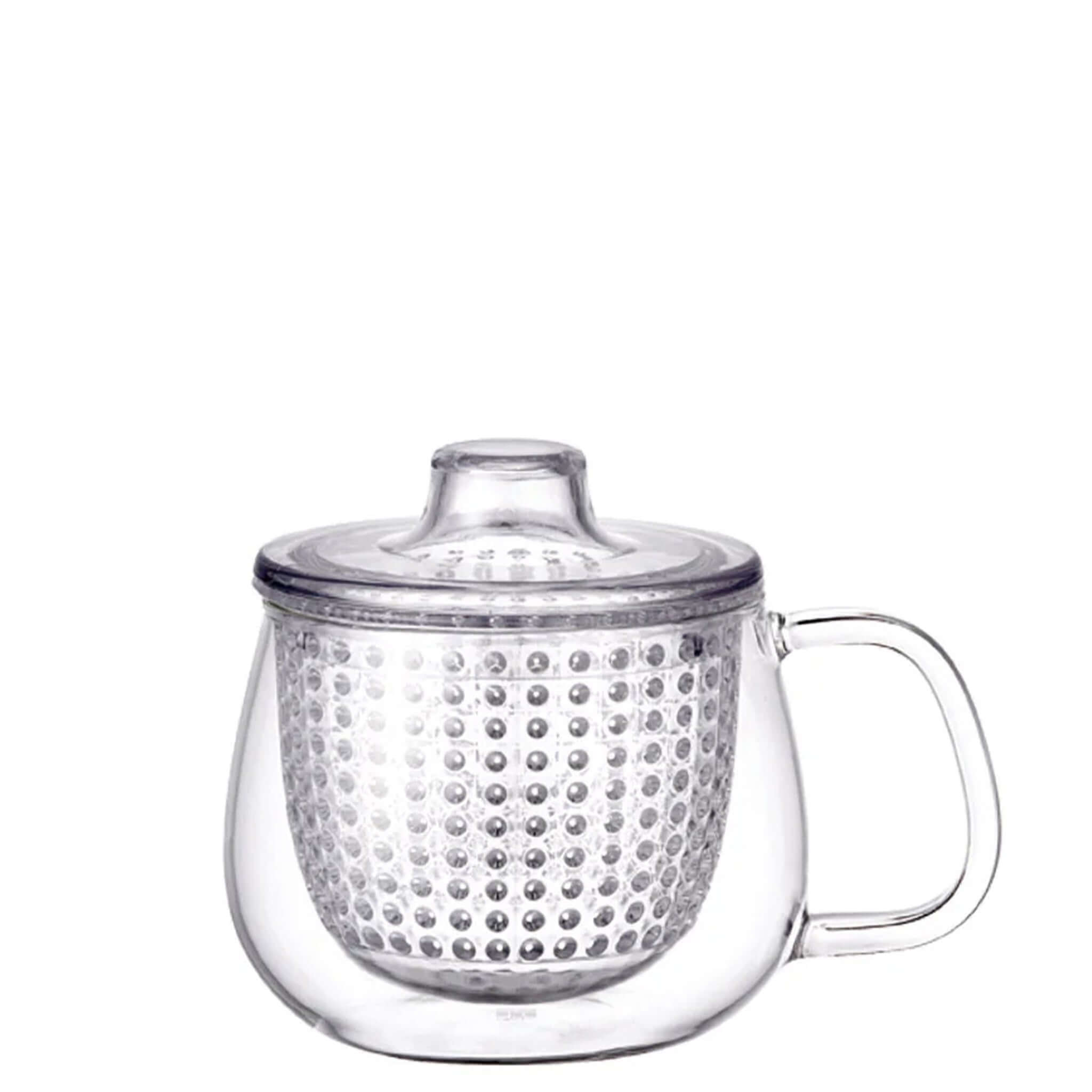 Alt Tag: Kinto Unitea Unimug heat-resistant glass tea mug with strainer and lid for loose-leaf tea brewing