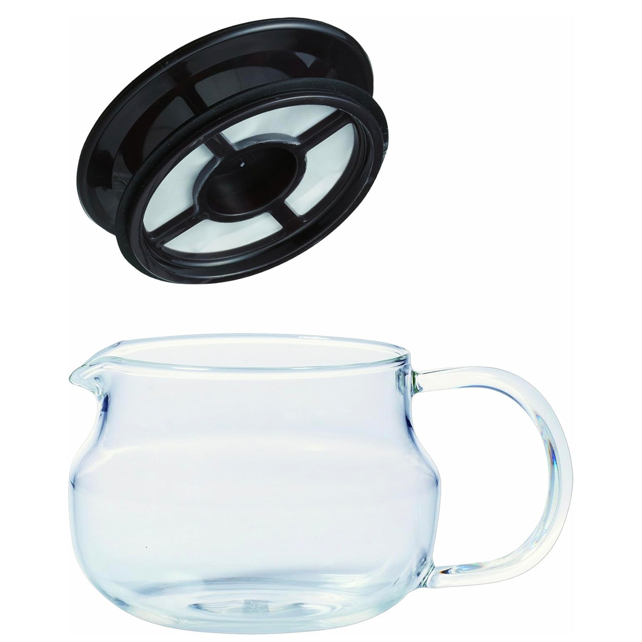 Clear glass teapot with black filter on a white background