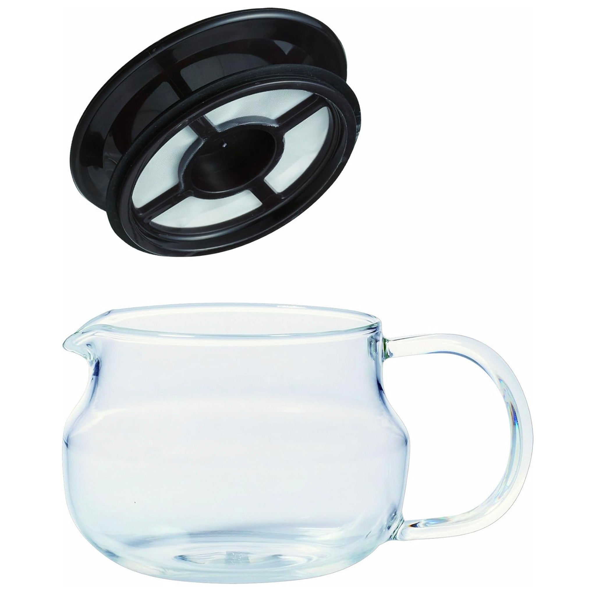 Clear glass teapot with black filter on a white background