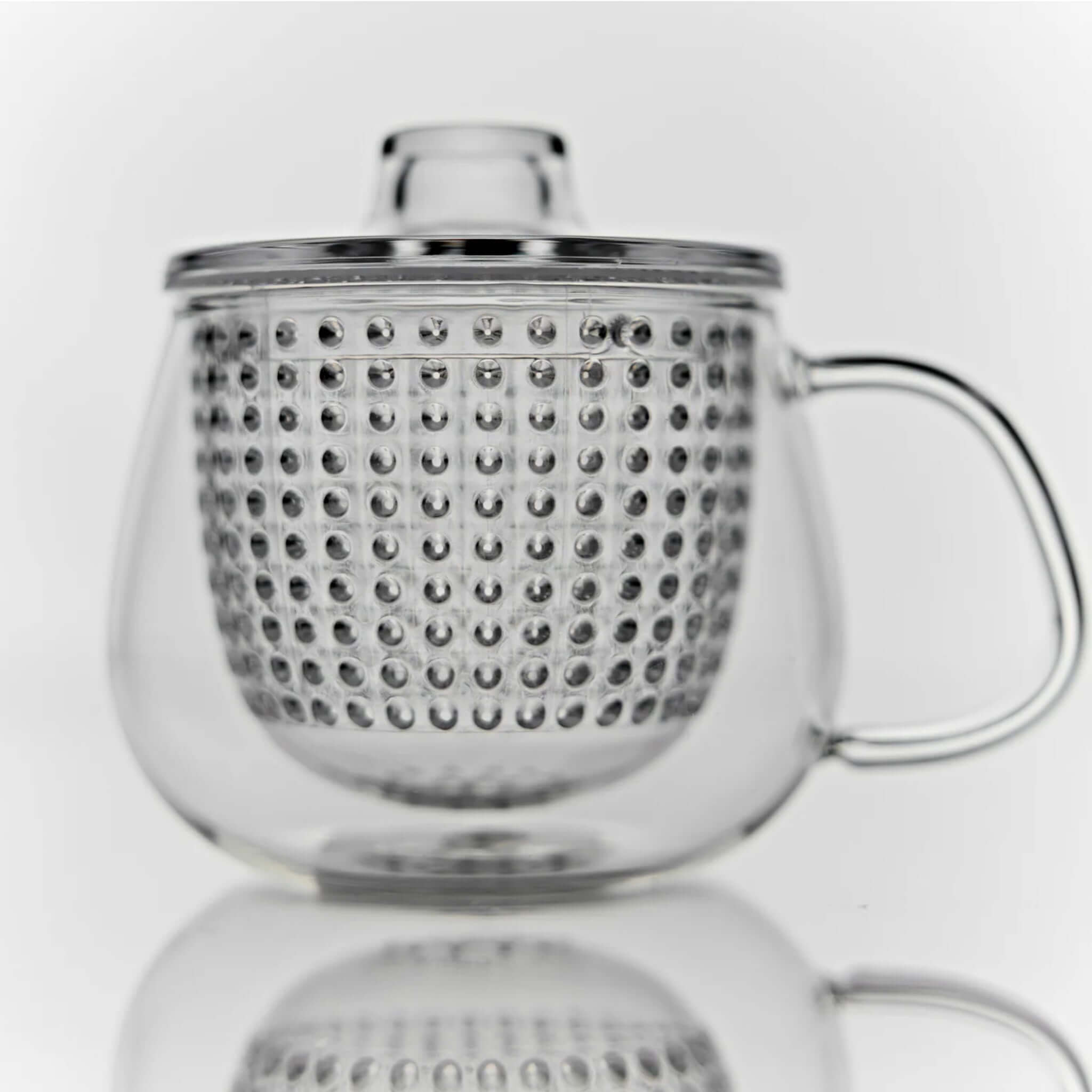 Alt Tag: Kinto Unitea Unimug heat-resistant glass tea mug with stainless steel strainer and lid for loose-leaf tea brewing