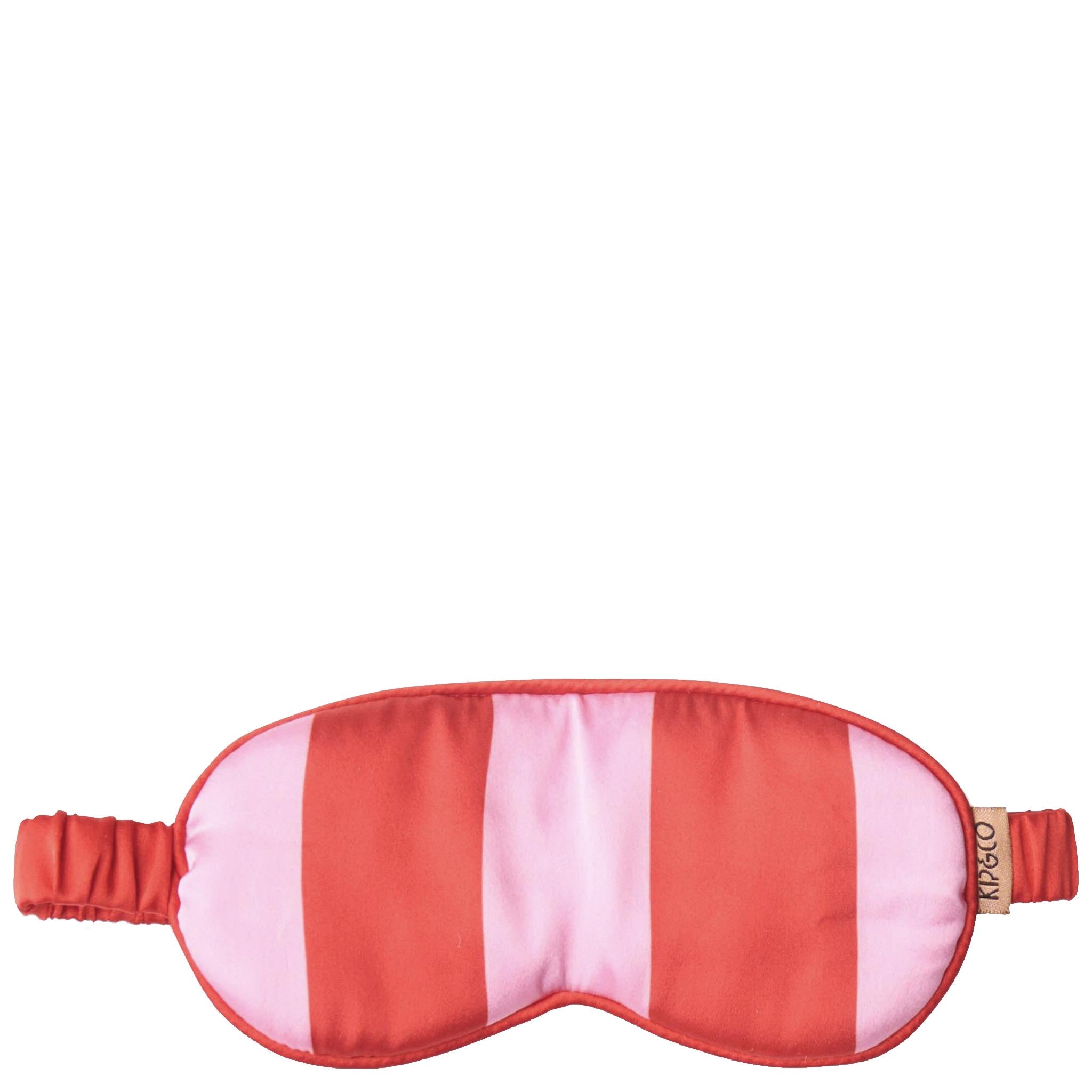 Red and pink striped sleep mask with a brand tag on a white background