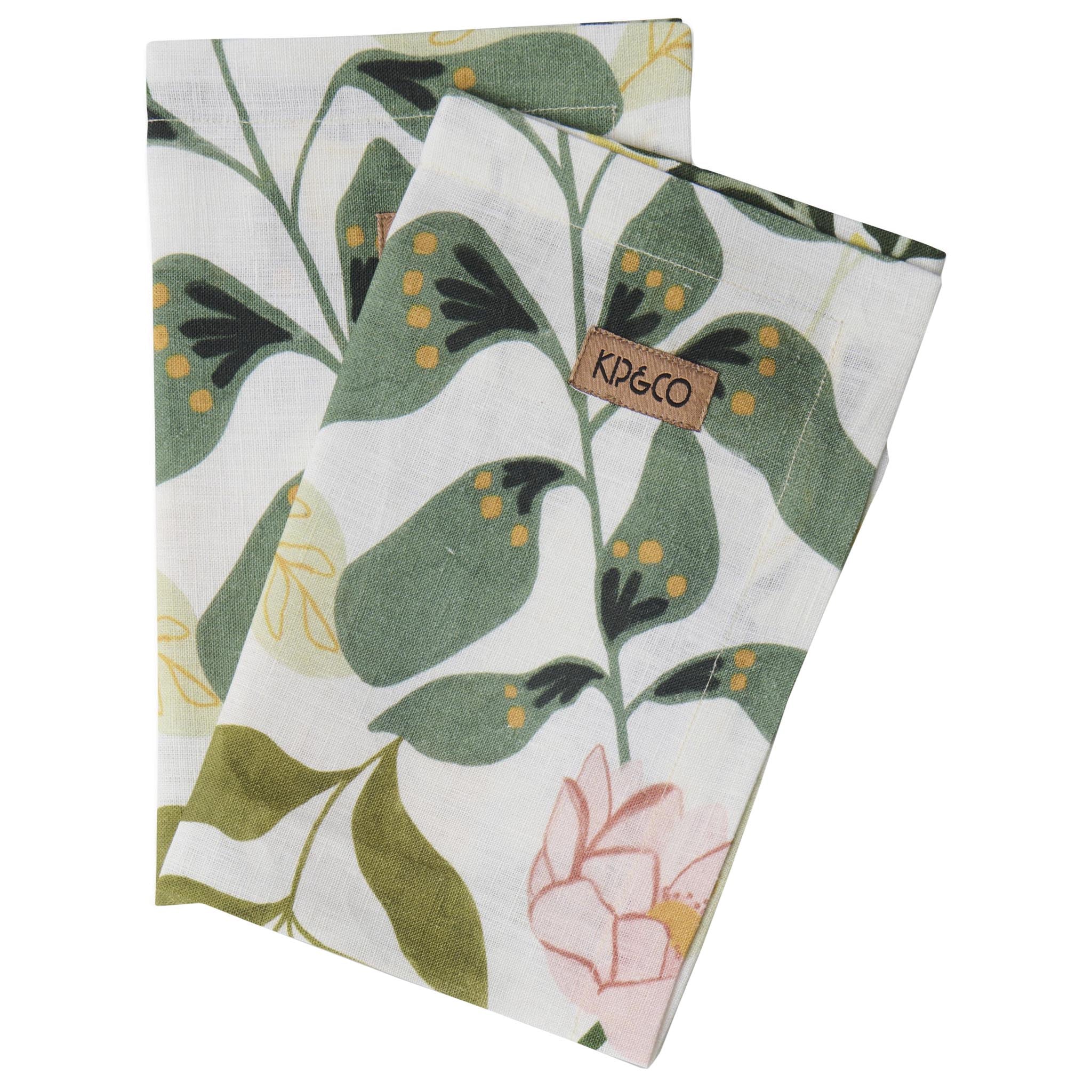 Floral patterned napkin set with a brand label on a white background