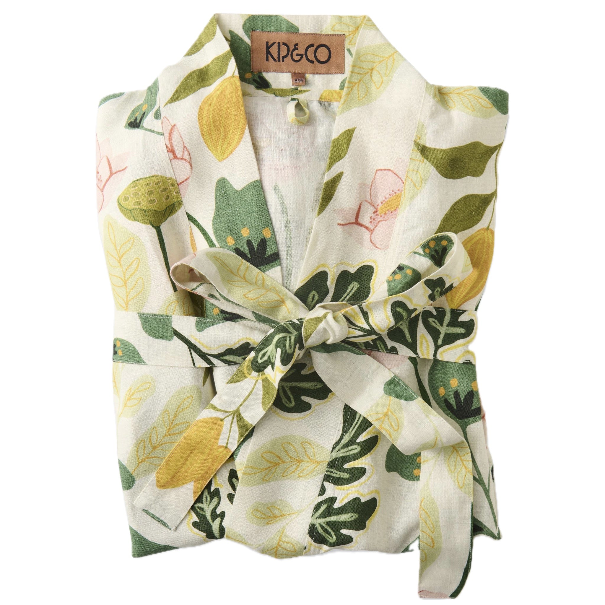 Floral patterned wrap with a brand label on a white background
