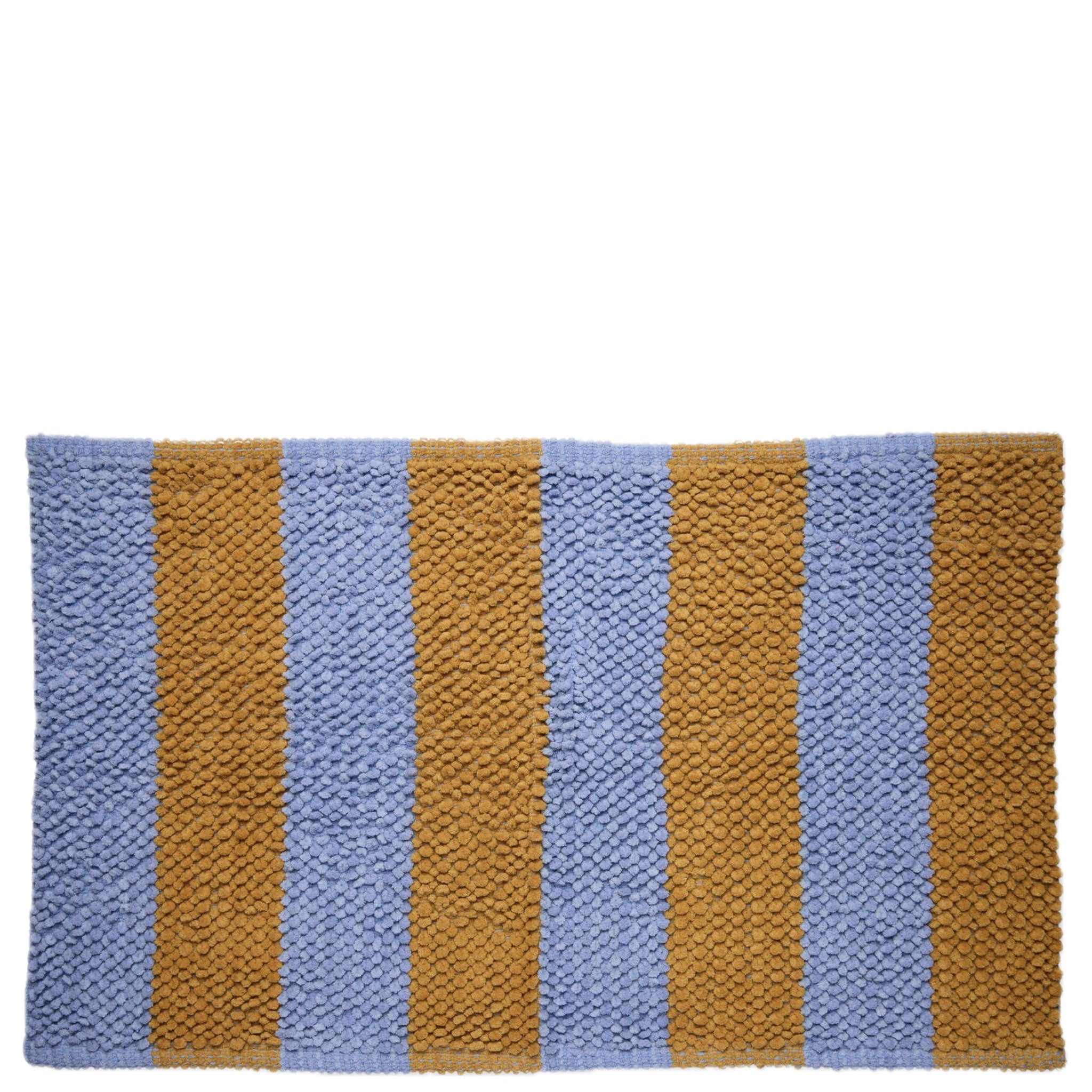 Striped bath mat with blue and mustard yellow stripes on a white background