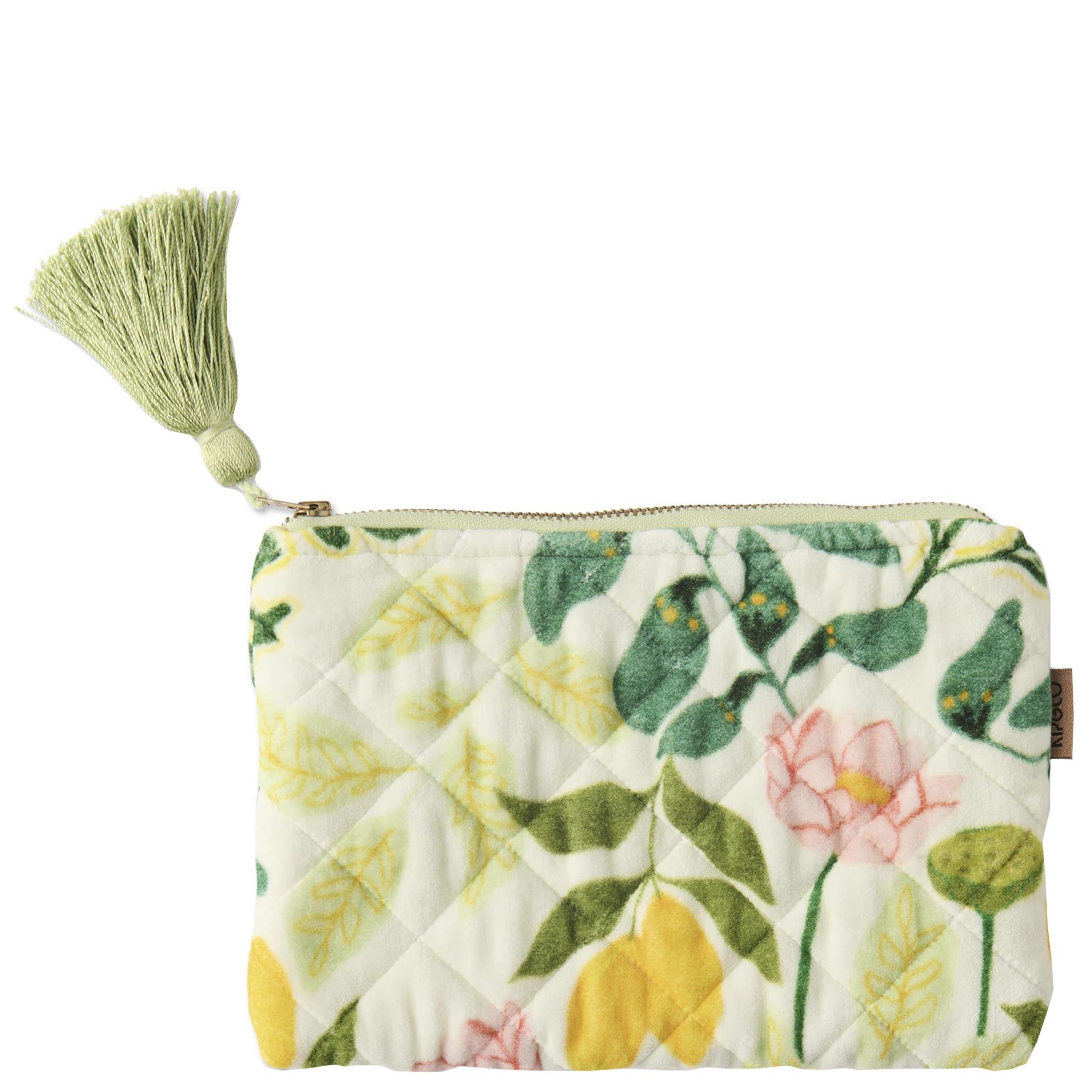Floral-patterned cosmetic bag with a tassel on a white background