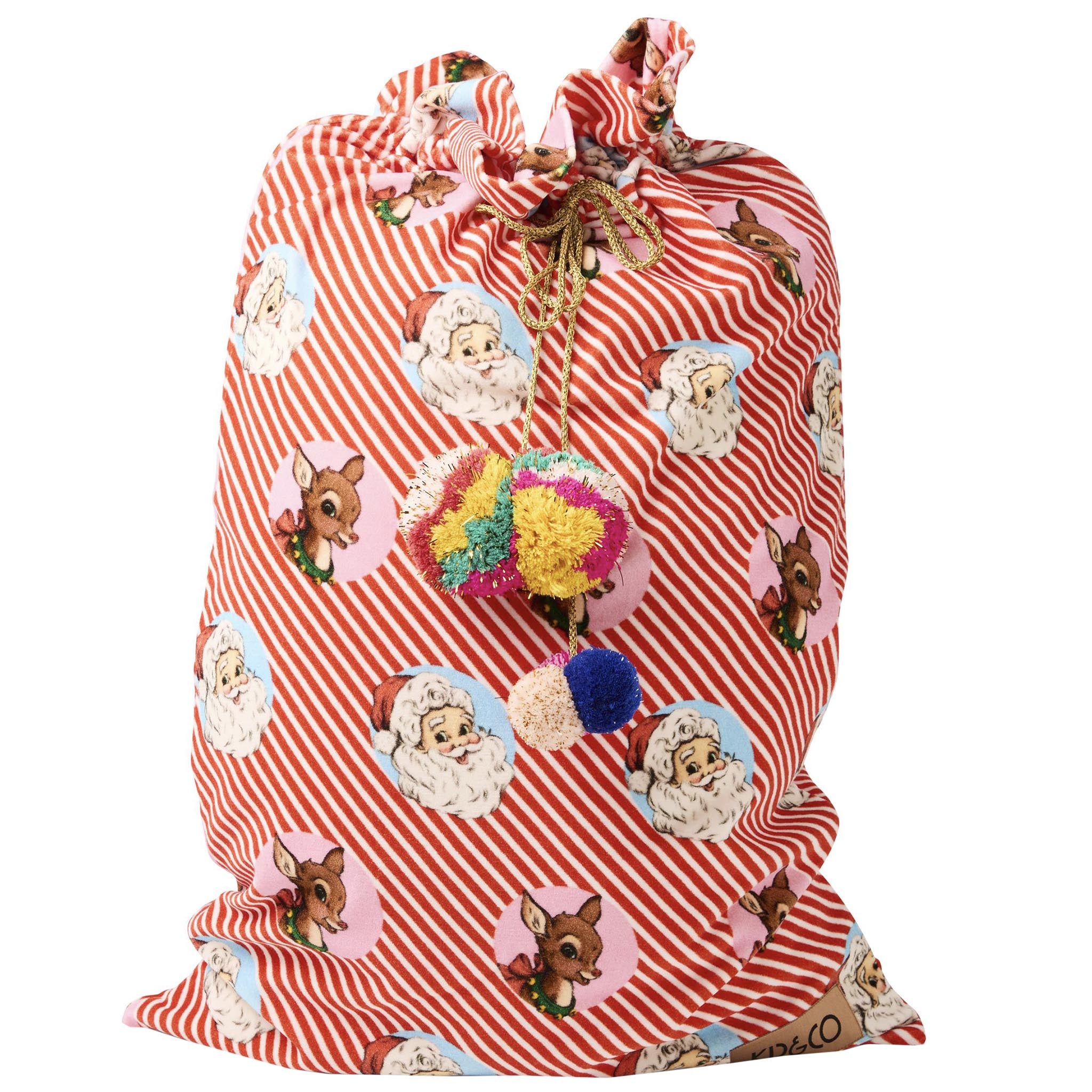Decorative gift bag with red and white stripes and festive designs on a white background