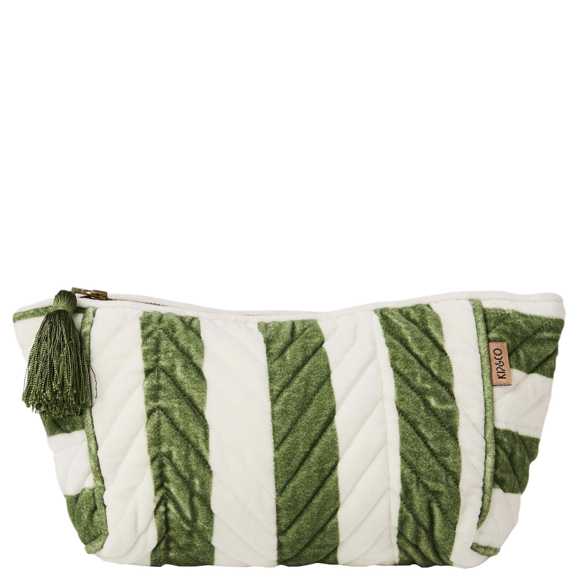 Green and white striped toiletry bag with a brand label on a white background