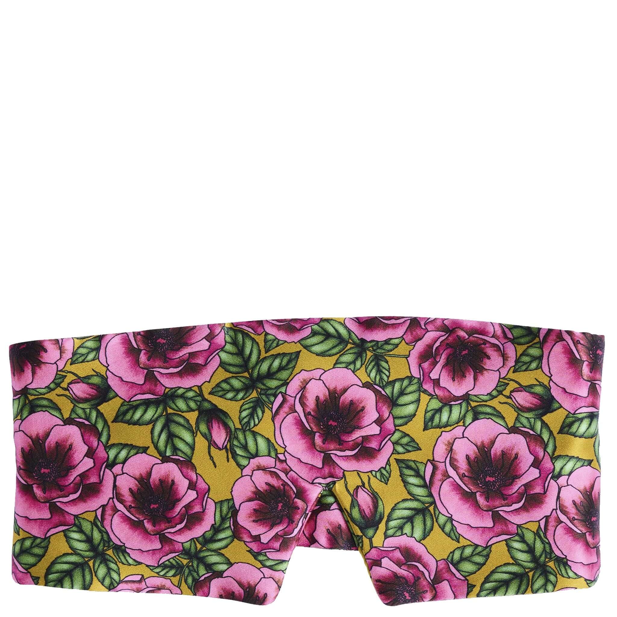 Alt Tag: Kip & Co Block Out Silk Eye Mask - Golden Peony 22 momme mulberry silk blackout sleep mask with adjustable velcro wrap, floral print