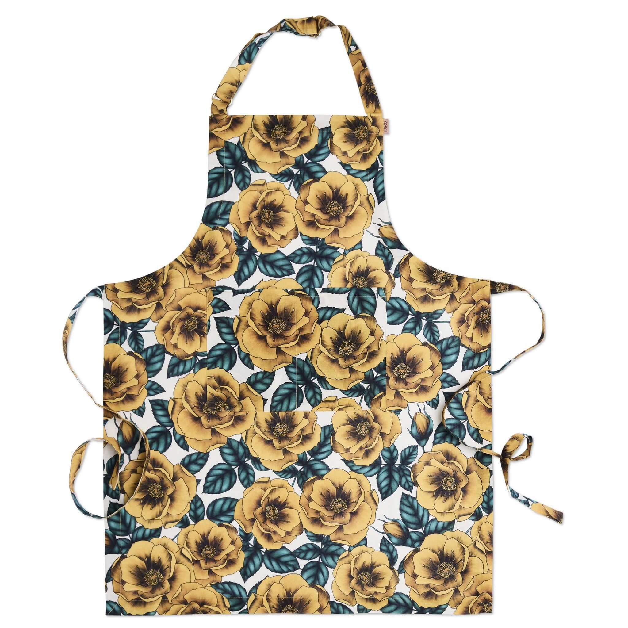 Alt Tag: Kip & Co Linen Apron - Golden Peony linen cotton apron with golden peony floral print, blue leaves, tie straps and front pocket