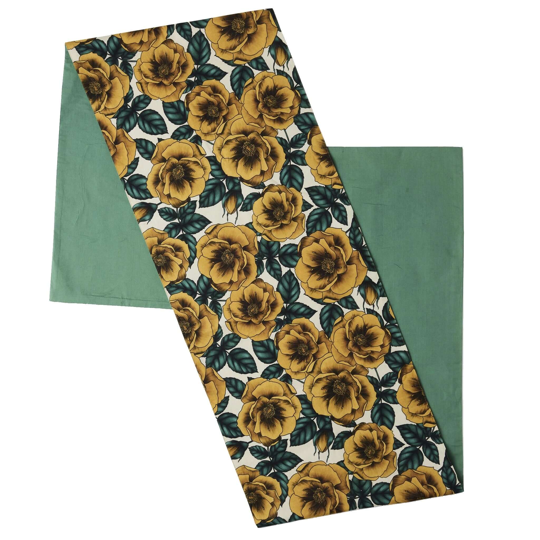 Alt Tag: Kip & Co Linen Table Runner - Golden Peony floral linen-cotton table runner with golden peony blooms and green backing