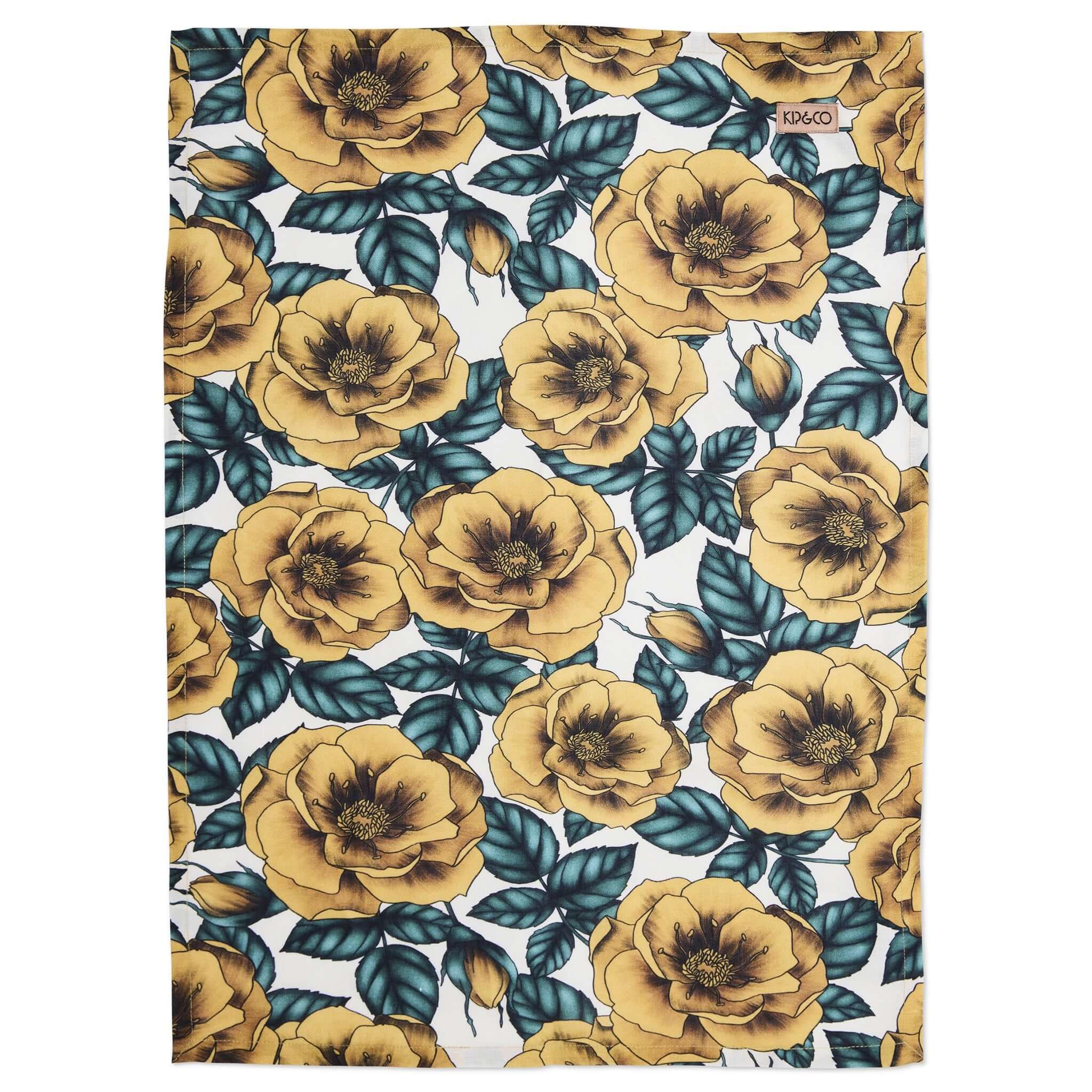 Alt Tag: Kip & Co Linen Tea Towel - Golden Peony, 100% French flax linen tea towel with golden peony print on creamy white