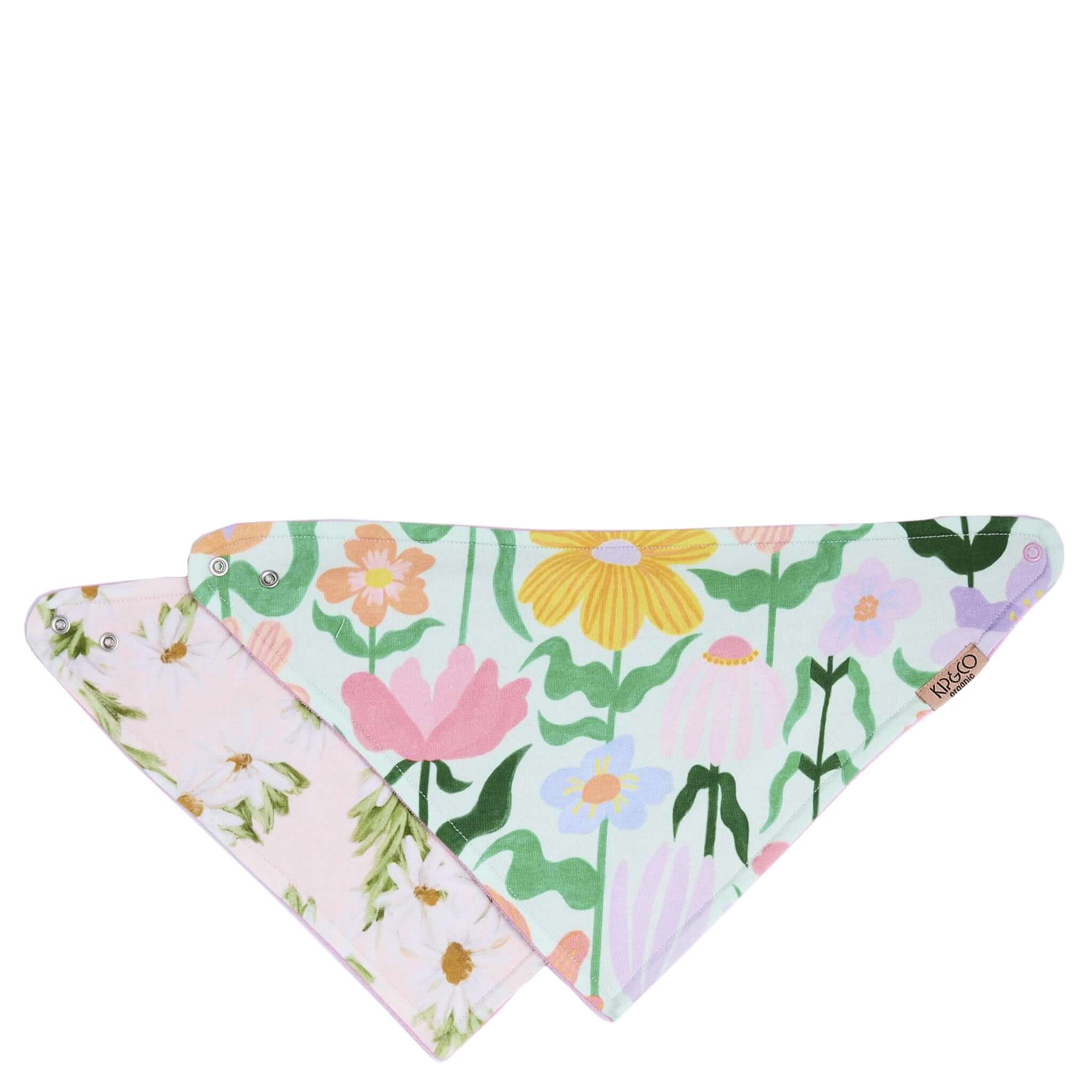 Alt Tag: Kip & Co Organic Cotton Dribble Bib Set - Sweet Flowers organic cotton baby dribble bibs, two floral prints, snap closure
