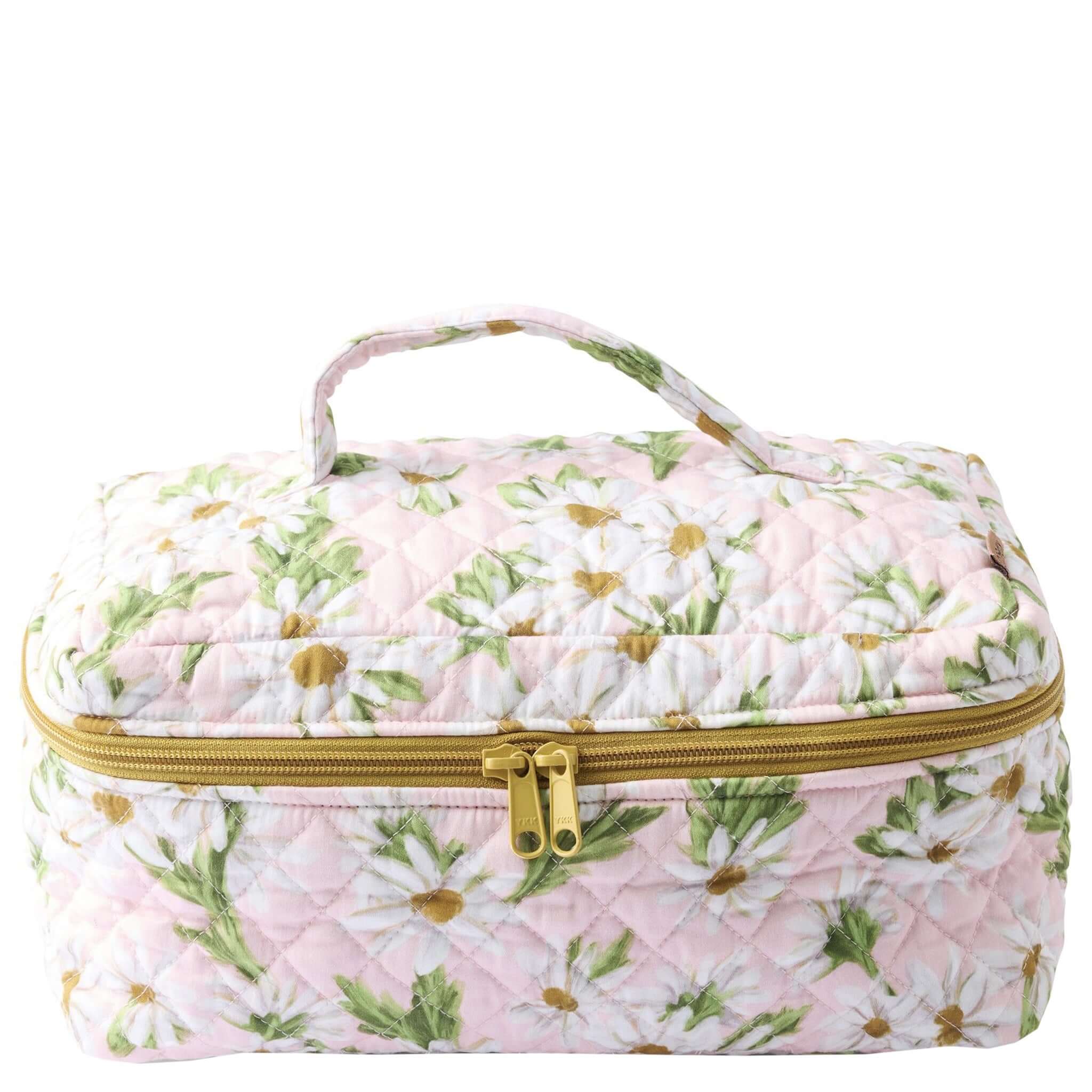 Alt Tag: Kip & Co Quilted Toiletry Case - Sweet Daisy quilted cotton floral zip toiletry bag with handle and gold zipper