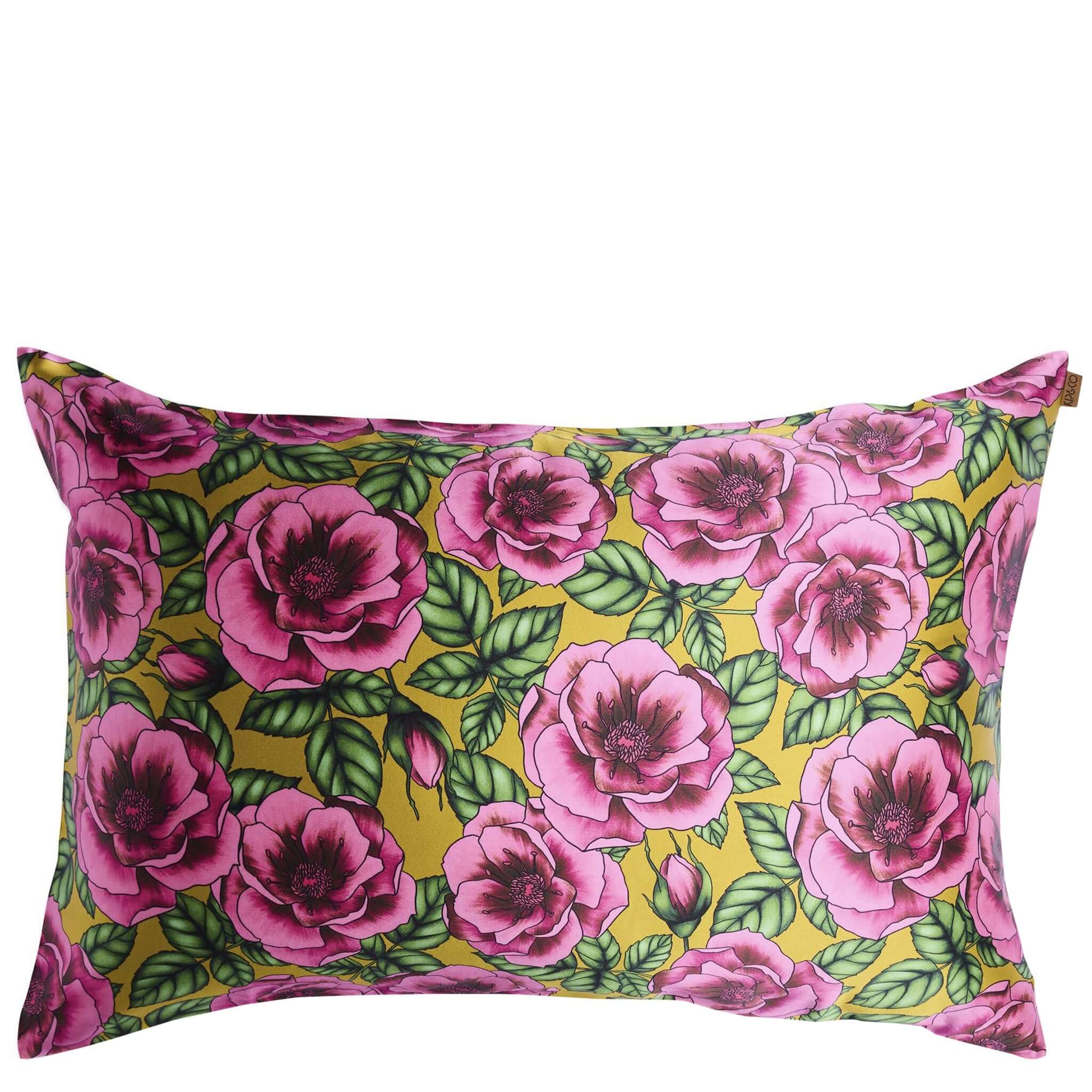 Alt Tag: Kip & Co Silk Pillowslip - Golden Peony mulberry silk pillowcase with pink peony floral print on golden yellow background