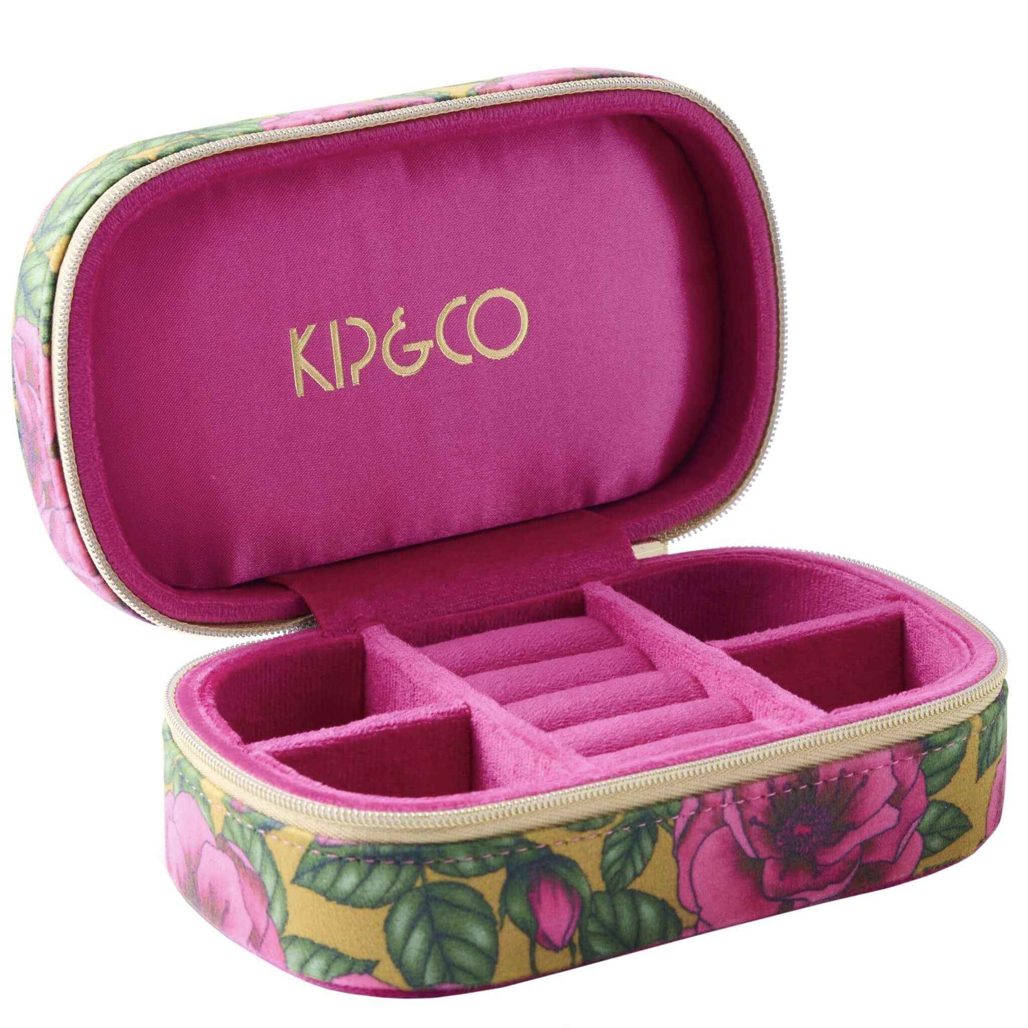 Alt Tag: Kip & Co Travel Velvet Jewellery Box - Golden Peony open travel jewelry case with velvet compartments, floral exterior and zip closure