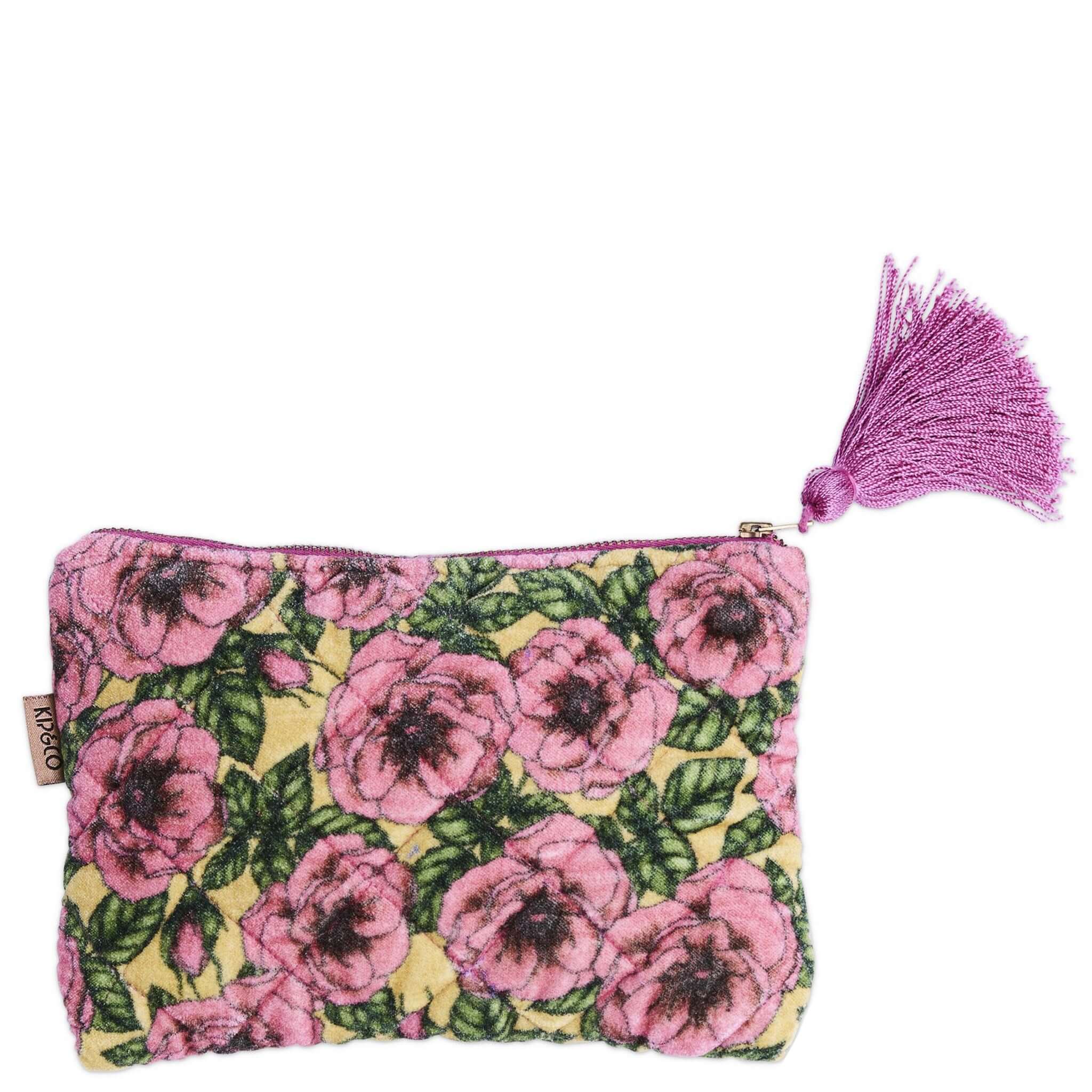 Alt Tag: Kip & Co Velvet Cosmetics Purse - Golden Peony quilted velvet pouch with pink peony floral print and purple tassel zip