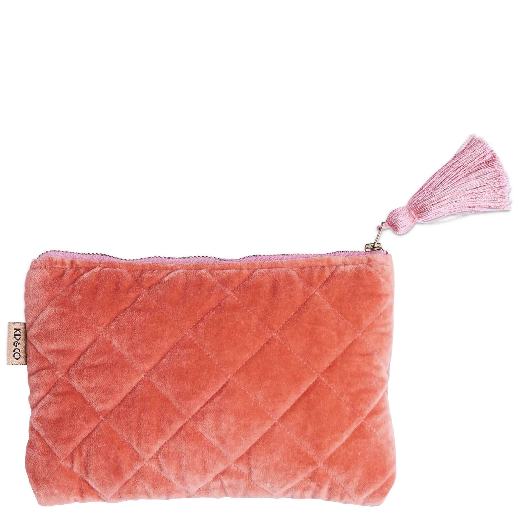 Alt Tag: Kip & Co Velvet Cosmetics Purse - Poppy Queen quilted velvet cosmetics bag with tassel zip, plush everyday luxury pouch