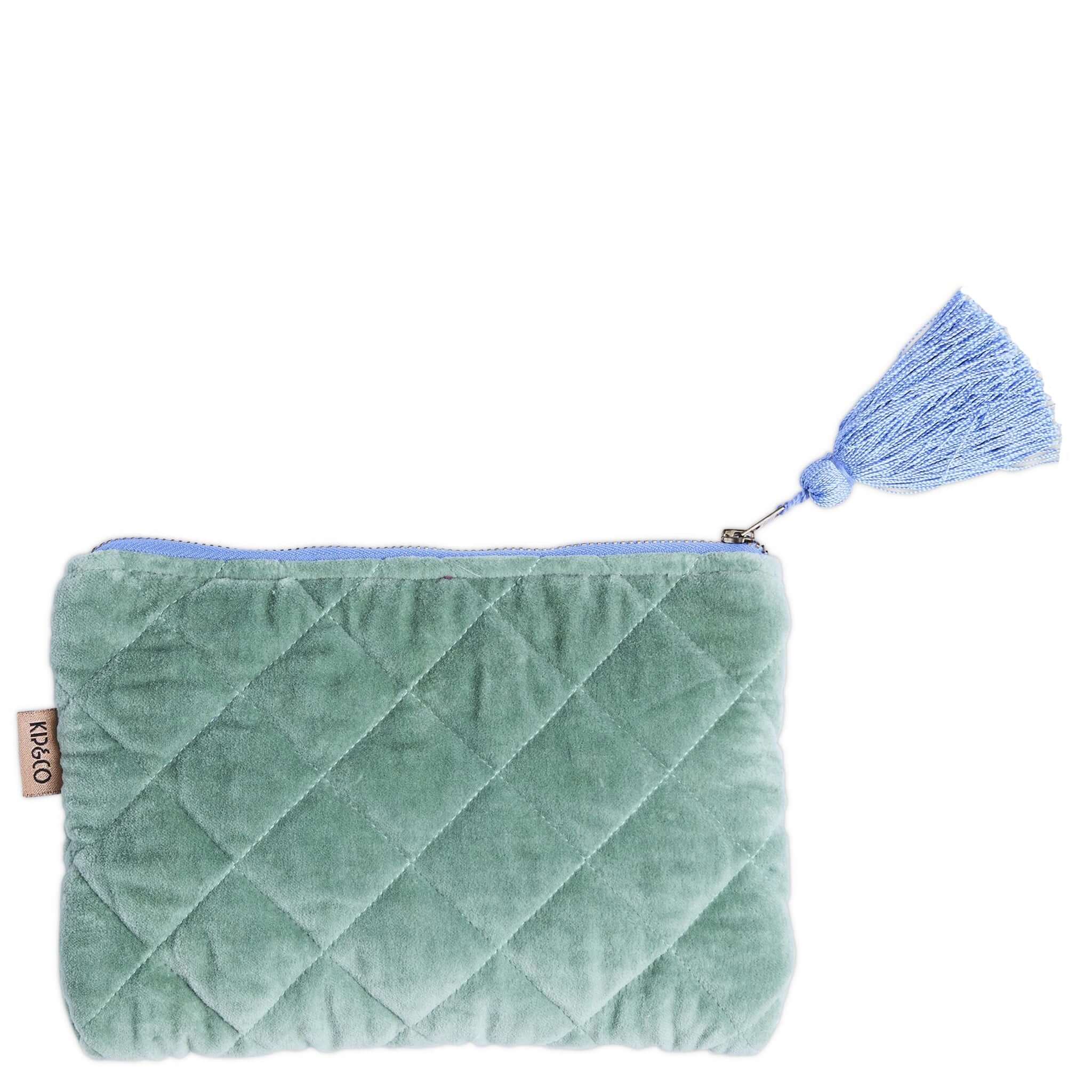 Alt Tag: Kip & Co Velvet Cosmetics Purse - Seabed quilted kelp green velvet cosmetics pouch with sea blue tassel zip