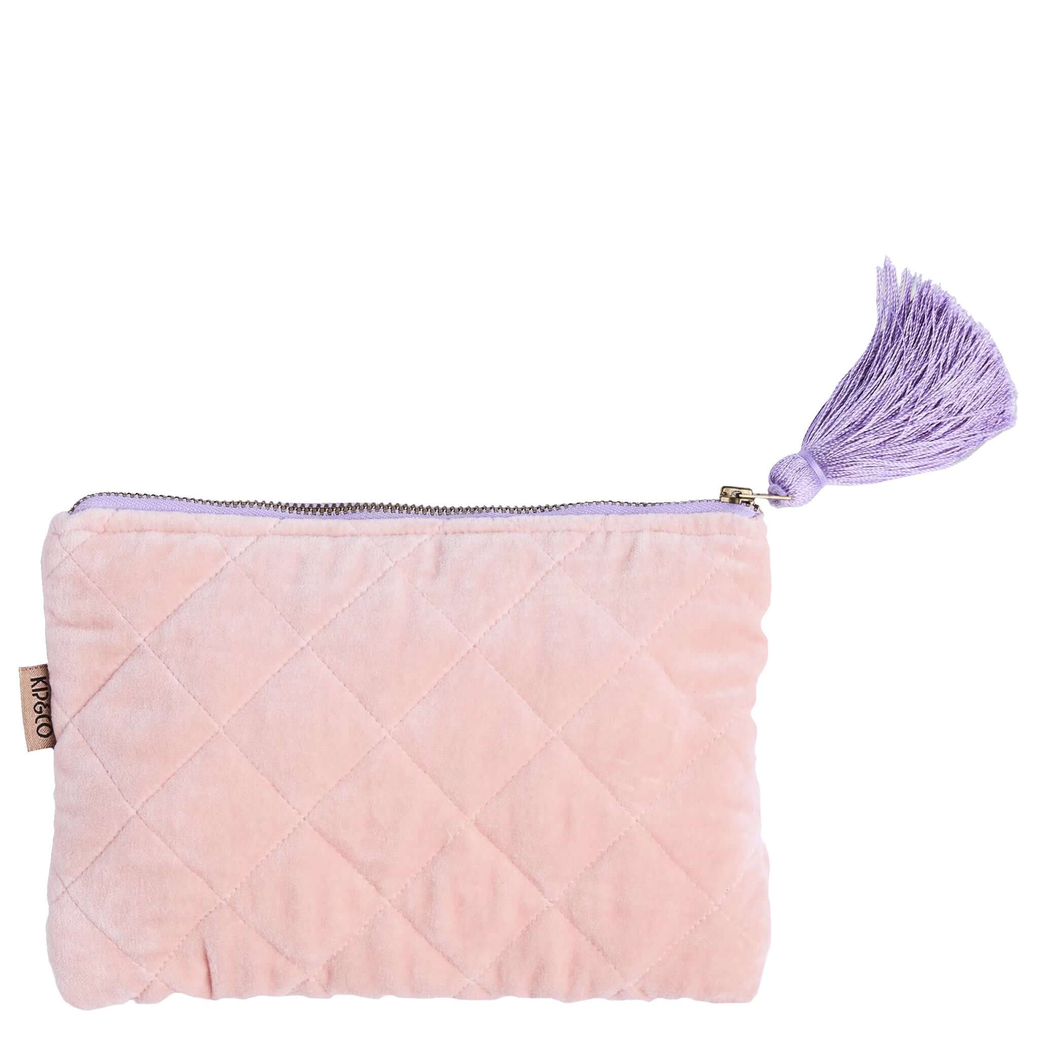 Alt Tag: Kip & Co Velvet Cosmetics Purse - Sherbet quilted soft pink velvet cosmetics pouch with mauve tassel zip, 22x15cm