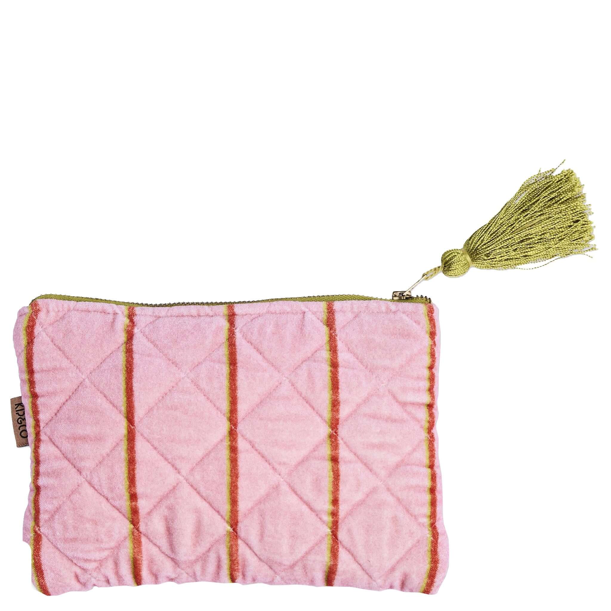 Alt Tag: Kip & Co Velvet Cosmetics Purse - Wategos Soiree Stripe pink quilted velvet pouch with red stripes and lime tassel zipper
