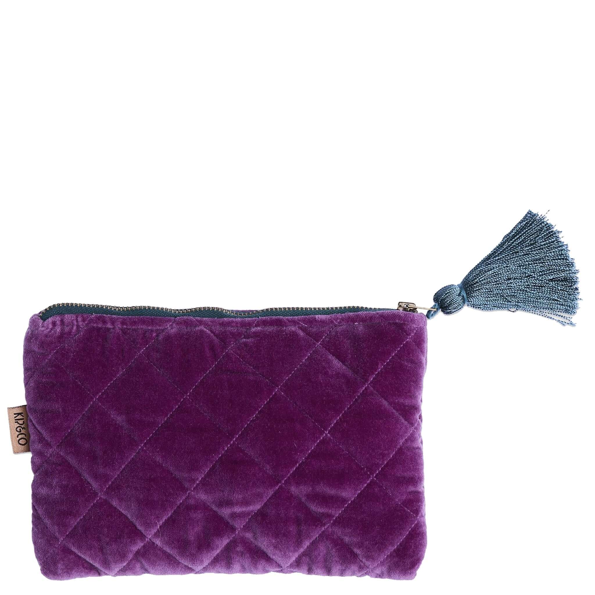 Alt Tag: Kip & Co Velvet Cosmetics Purse - Wild Grape quilted dark grape velvet makeup bag with blue tassel zip, 22 x 15cm