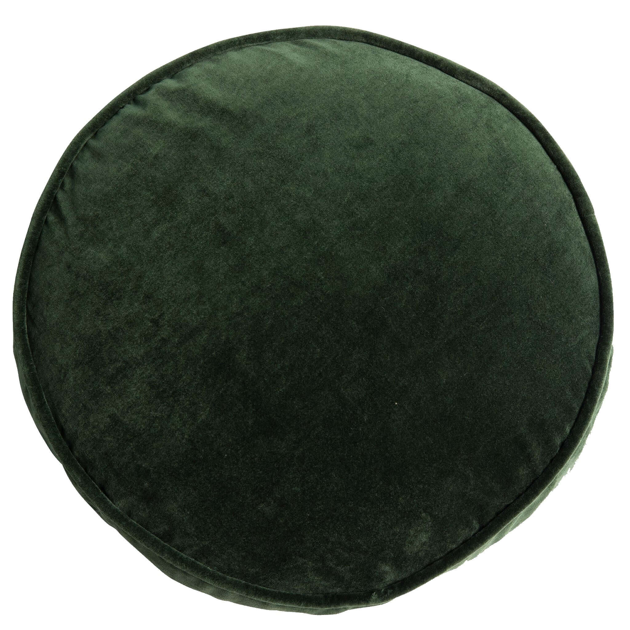 Alt Tag: Kip & Co Velvet Pea Cushion - Kombu Green round 42cm cotton velvet cushion with plush insert for sofa or bed styling