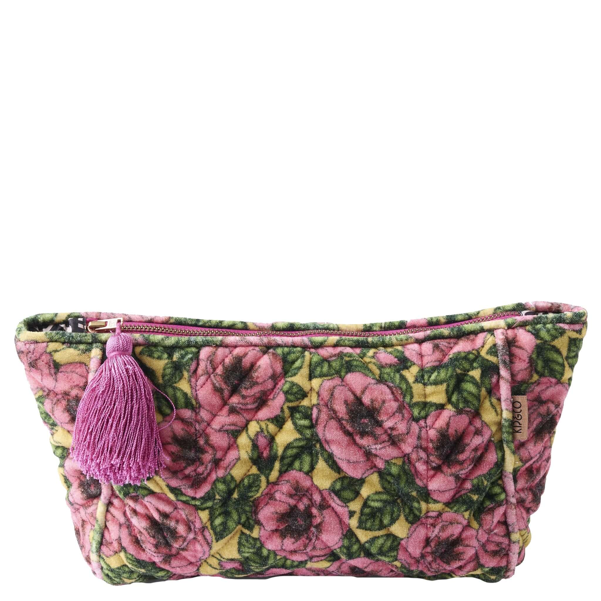 Alt Tag: Kip & Co Velvet Toiletry Bag - Golden Peony pink floral cotton velvet cosmetic bag with hot pink tassel and zip