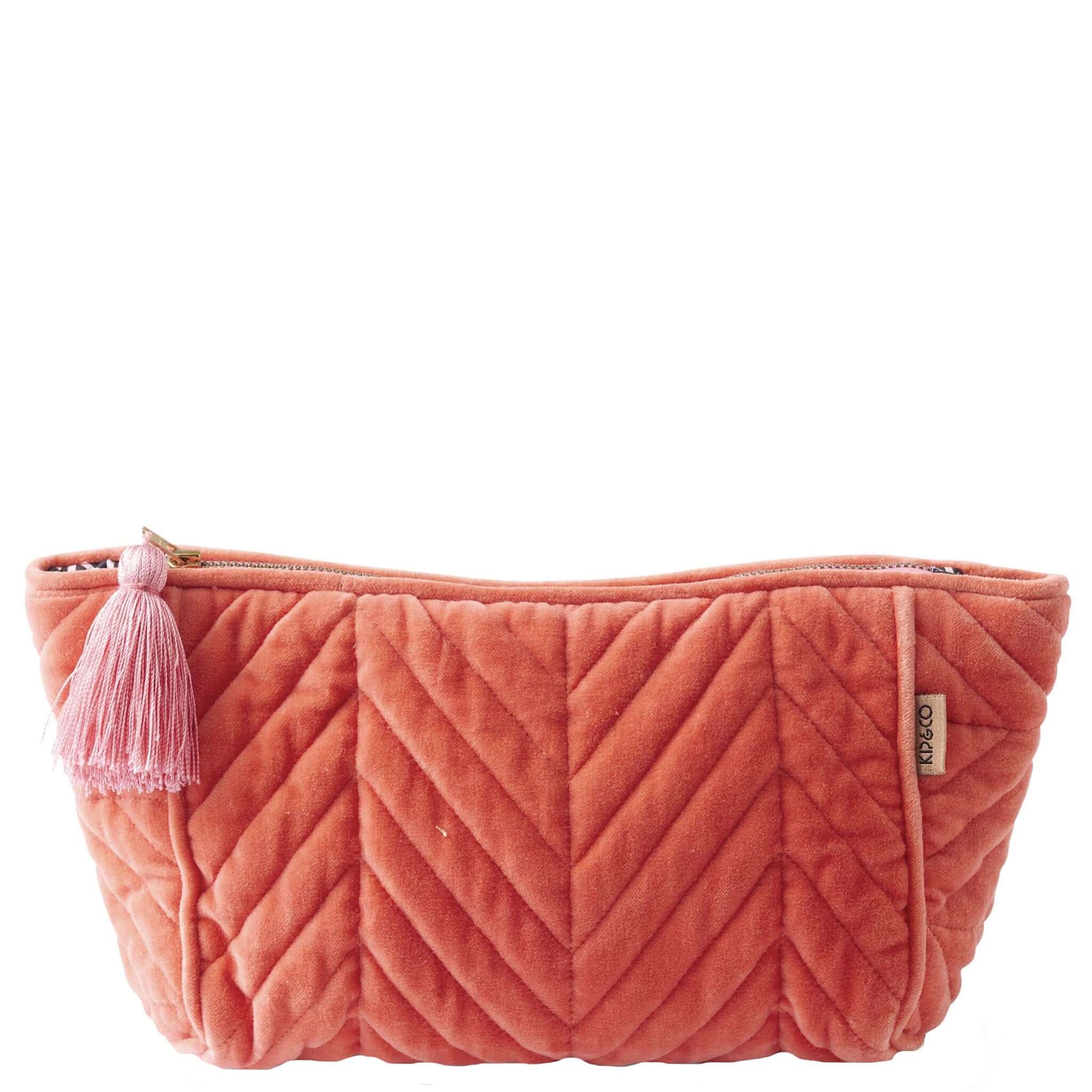 Alt Tag: Kip & Co Velvet Toiletry Bag - Poppy Queen burnt orange cotton velvet cosmetic bag with soft pink tassel and zip closure