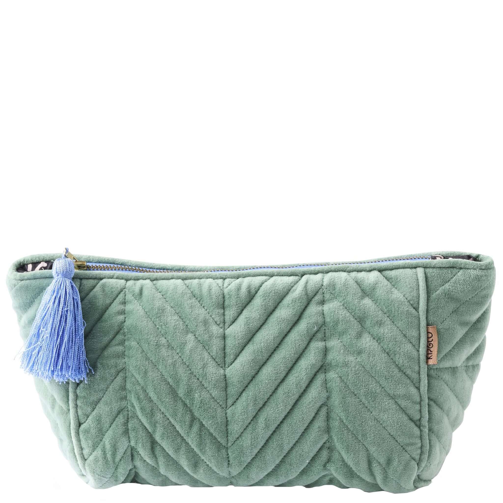 Alt Tag: Kip & Co Velvet Toiletry Bag - Seabed kelp green cotton velvet cosmetic bag with blue tassel and zip closure