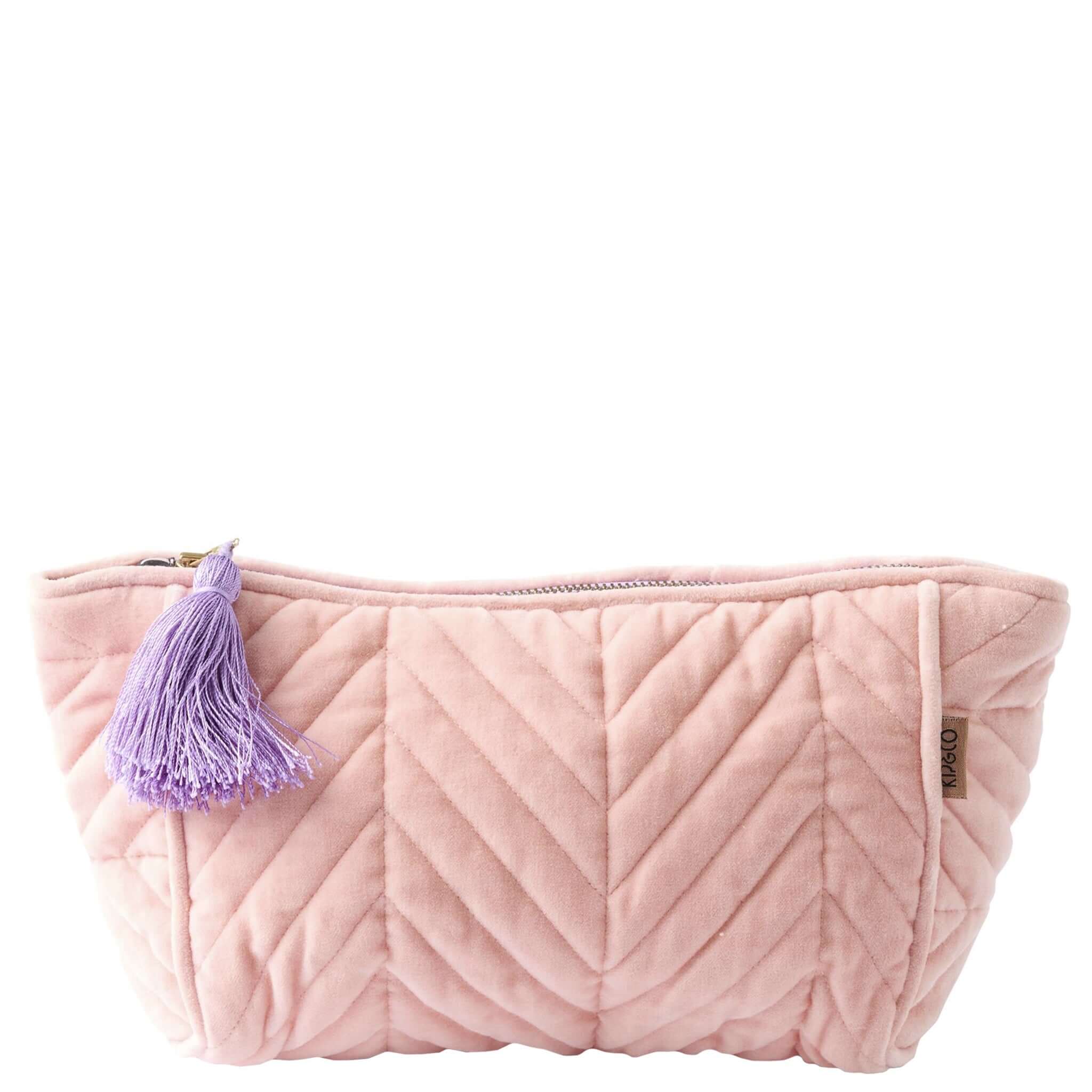 Alt Tag: Kip & Co Velvet Toiletry Bag - Sherbet soft pink cotton velvet cosmetic bag with mauve tassel and zip closure