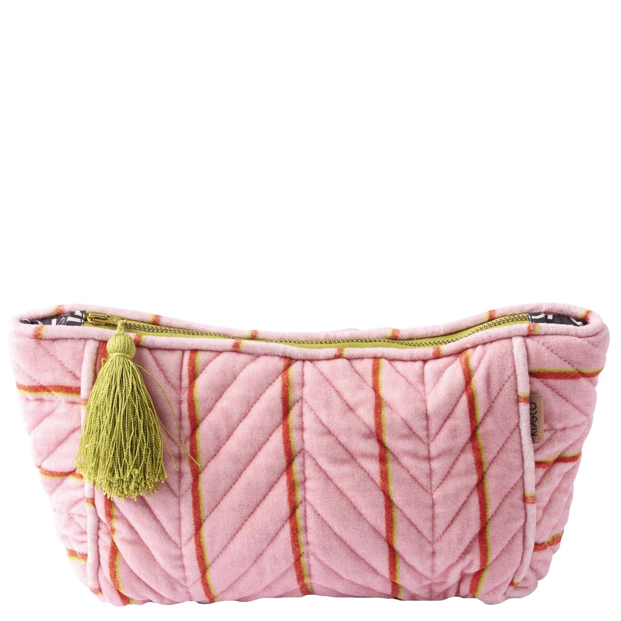 Alt Tag: Kip & Co Velvet Toiletry Bag - Wategos Soiree Stripe pink cotton velvet cosmetic bag with red stripe and lime green tassel