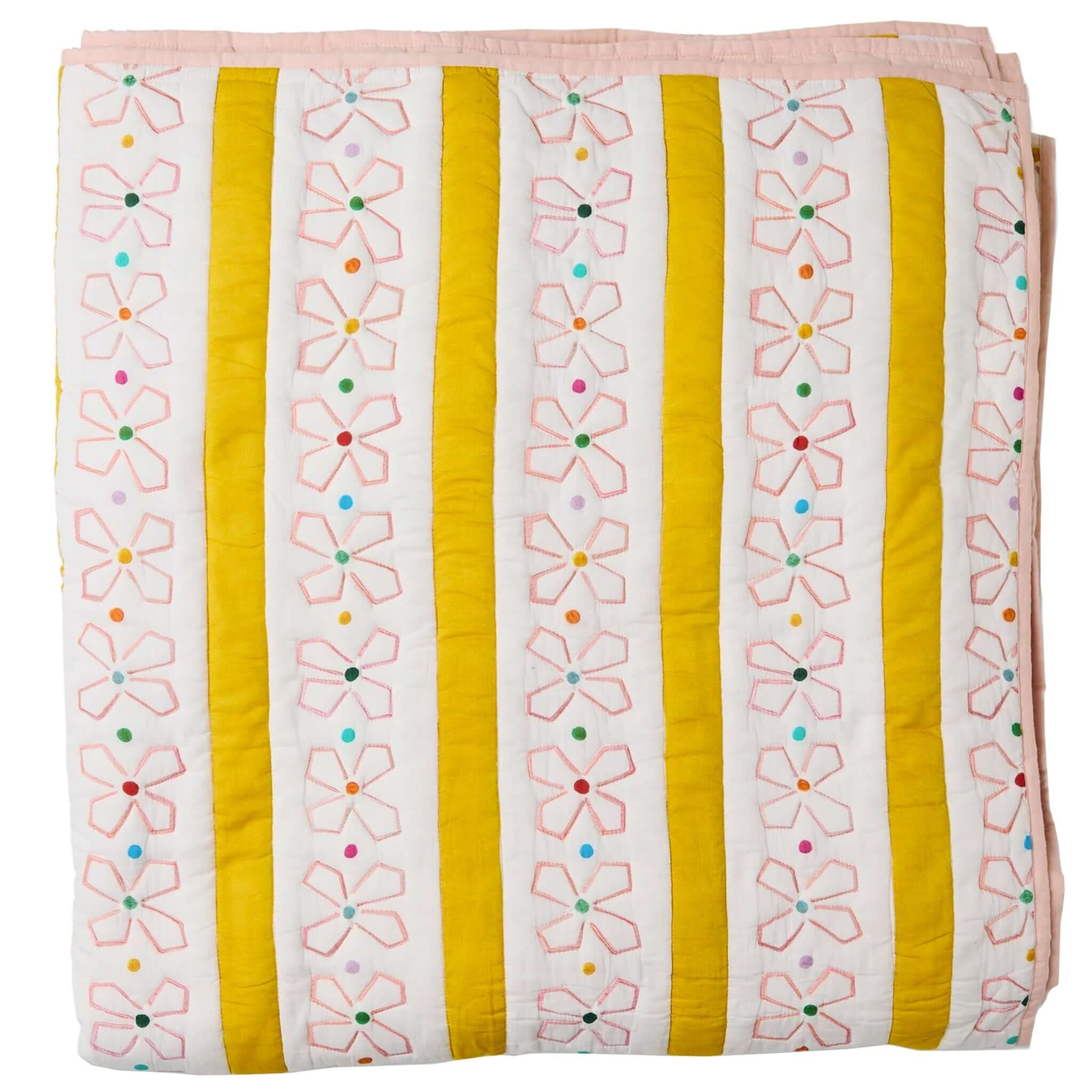 Kip & Co x Anna Spiro Daisy Chain Organic Cotton Quilted Bedspread - Large with floral and striped design.