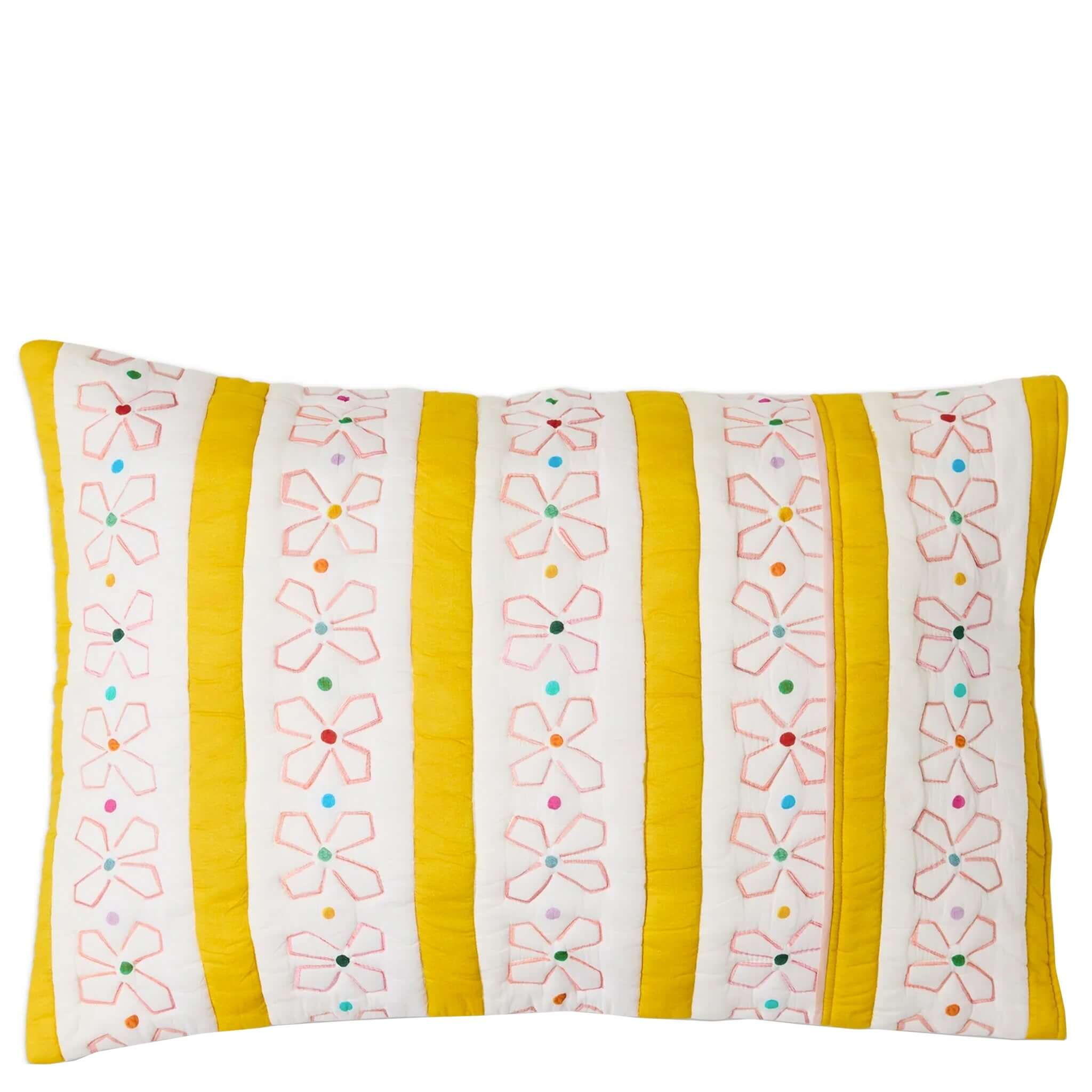 Kip & Co x Anna Spiro Daisy Chain Organic Cotton Quilted Pillowslip with floral embroidery and colorful stripes.