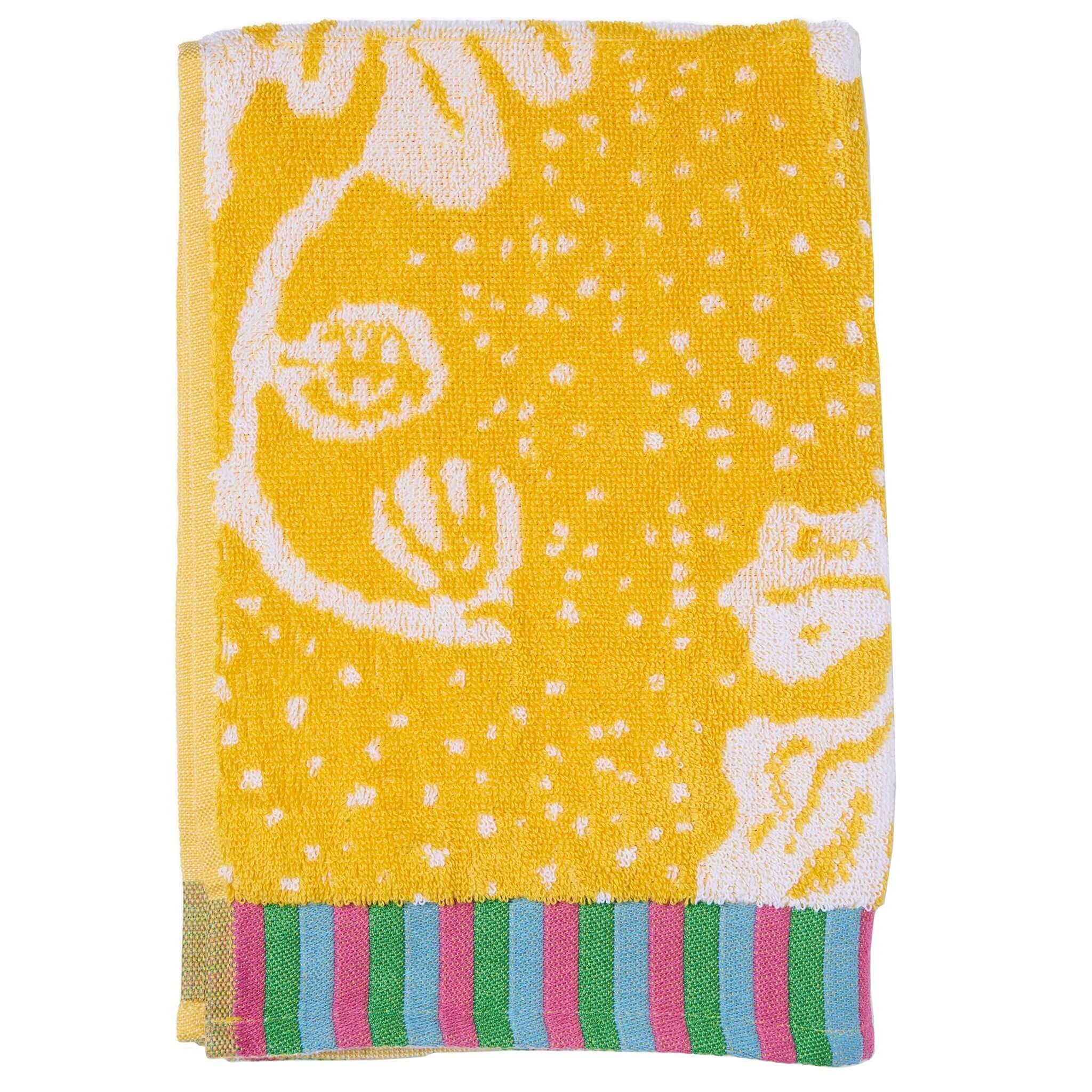 Kip & Co x Anna Spiro Elsternwig Fig Terry Hand Towel with colorful stripe design and floral pattern.