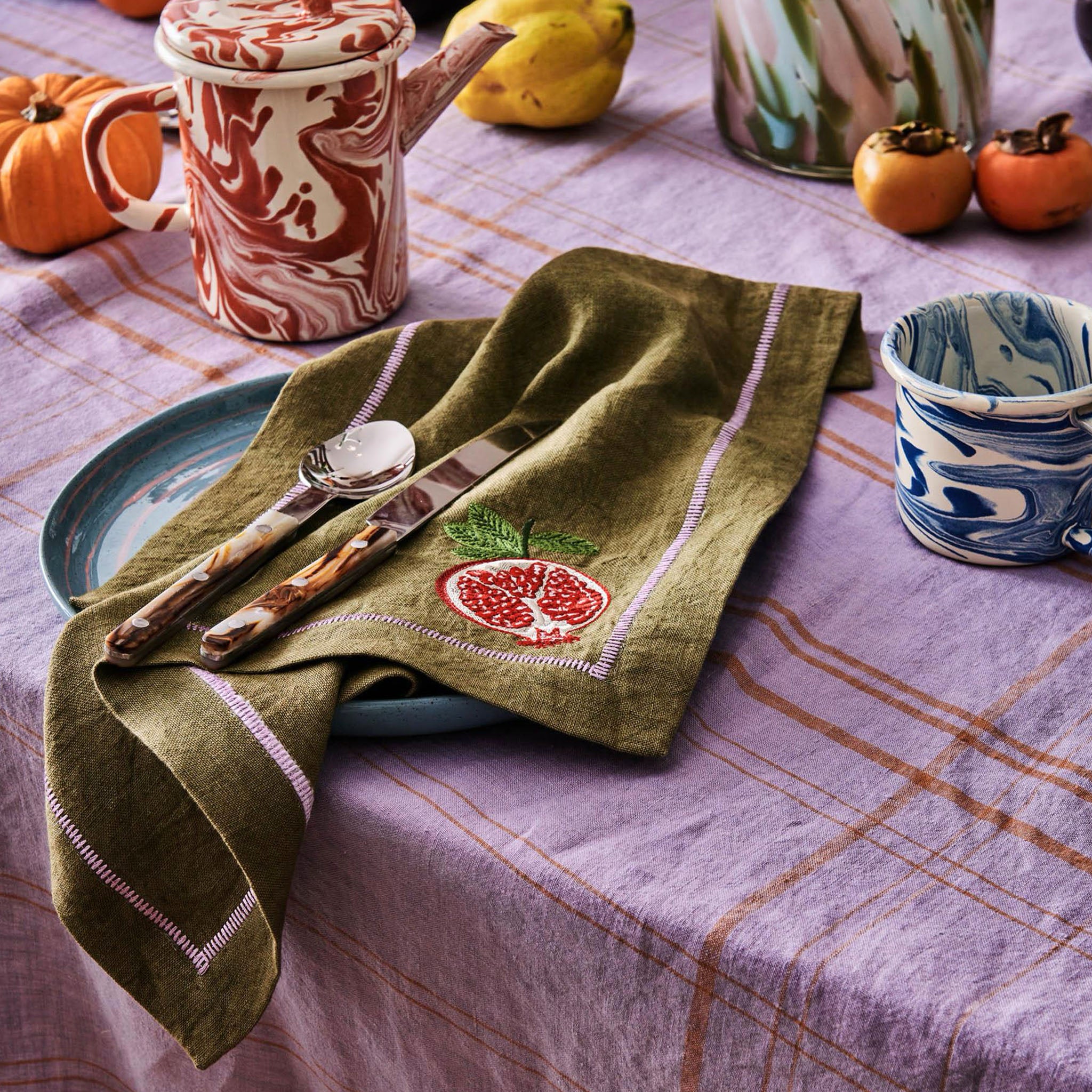 Kip & Co Embroidered Linen Napkin Set - Autumn Fruits