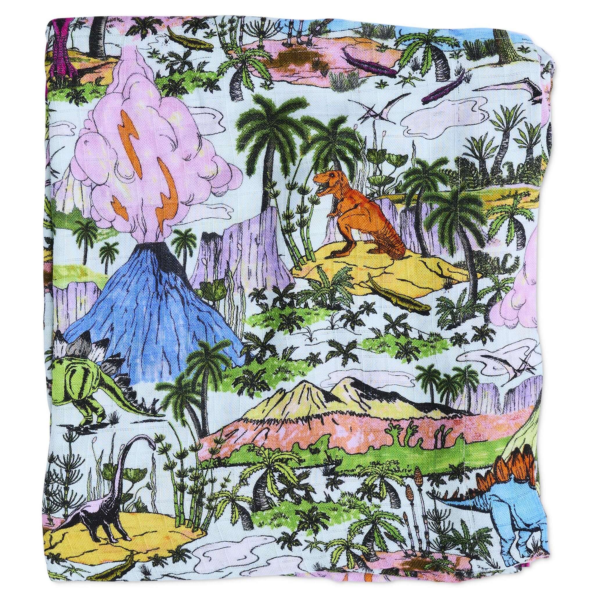 Alt Tag: Kip & Co Bambo Swaddle - Jurassic bamboo baby swaddle with colourful dinosaur and volcano print, soft breathable wrap