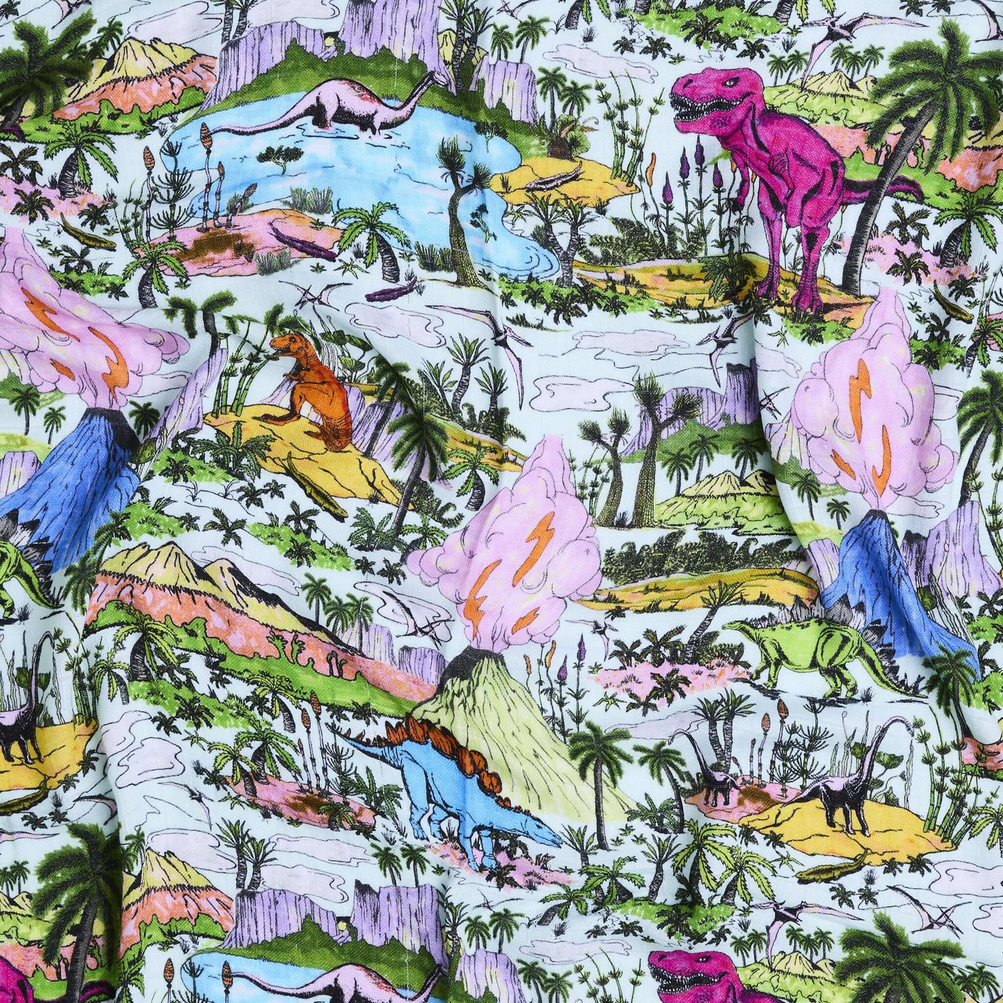 Alt Tag: Kip & Co Bambo Swaddle - Jurassic bamboo baby swaddle with colourful dinosaur landscape print, soft breathable wrap for newborns