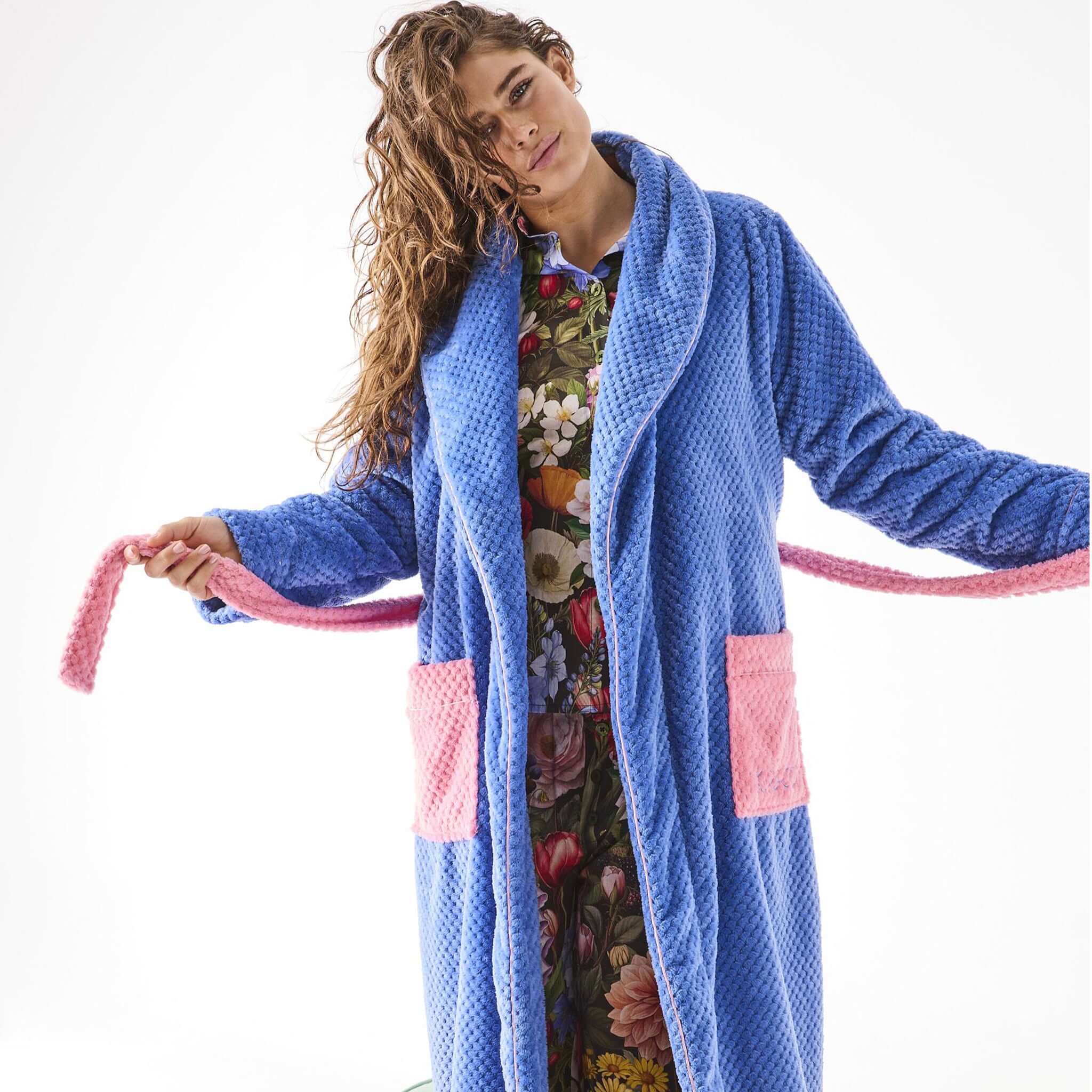 Alt Tag: Kip & Co Cosy Robe - Pie in the Sky quilted French blue robe with soft pink patch pockets and waist tie