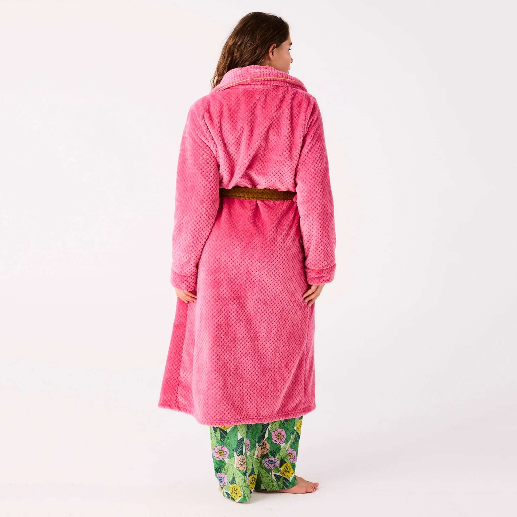 Alt Tag: Kip & Co Cosy Robe - Tapenade Delight pink quilted robe back view with waist tie and patch pockets