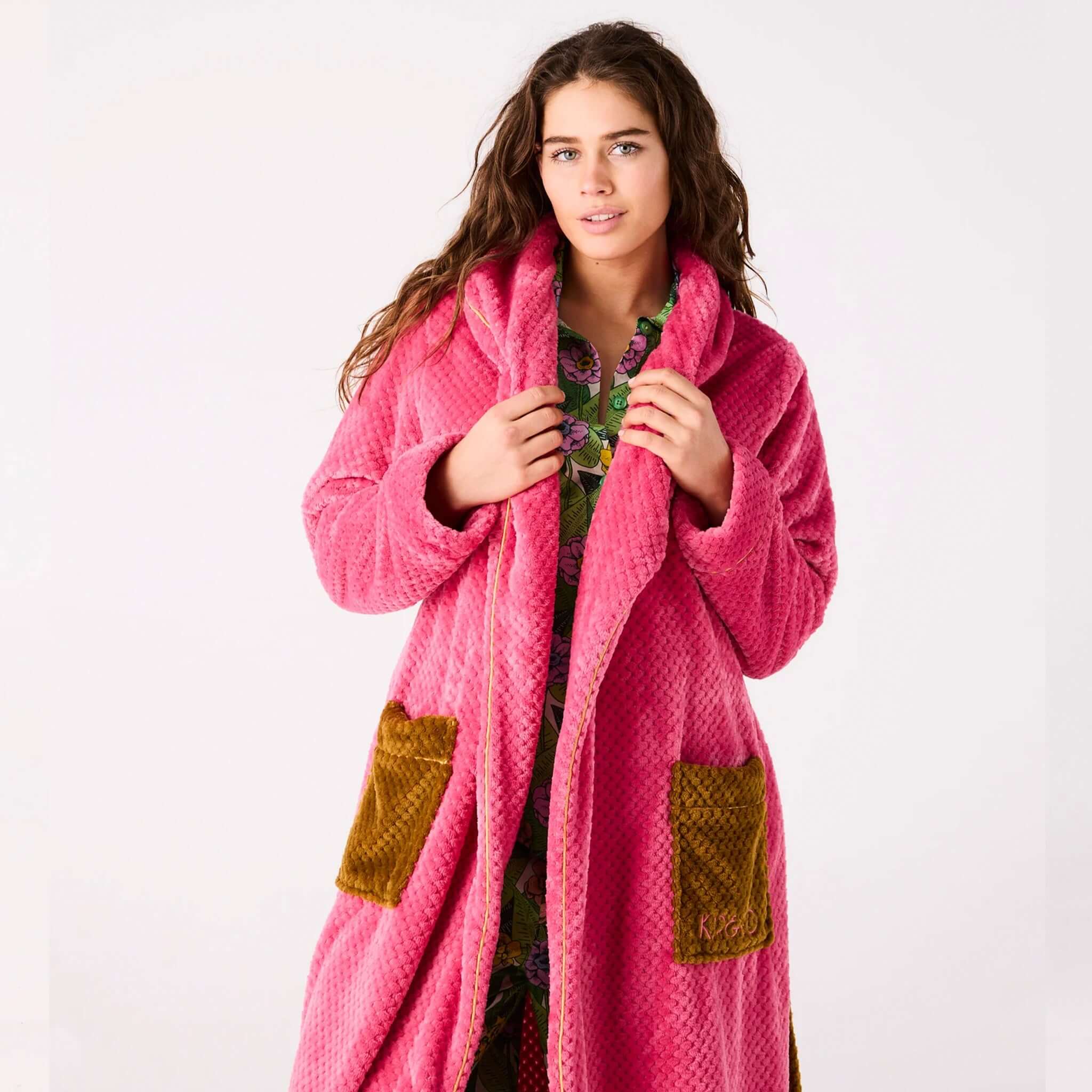 Alt Tag: Kip & Co Cosy Robe - Tapenade Delight quilted cosy robe with patch pockets and waist tie, plush warmth in pink
