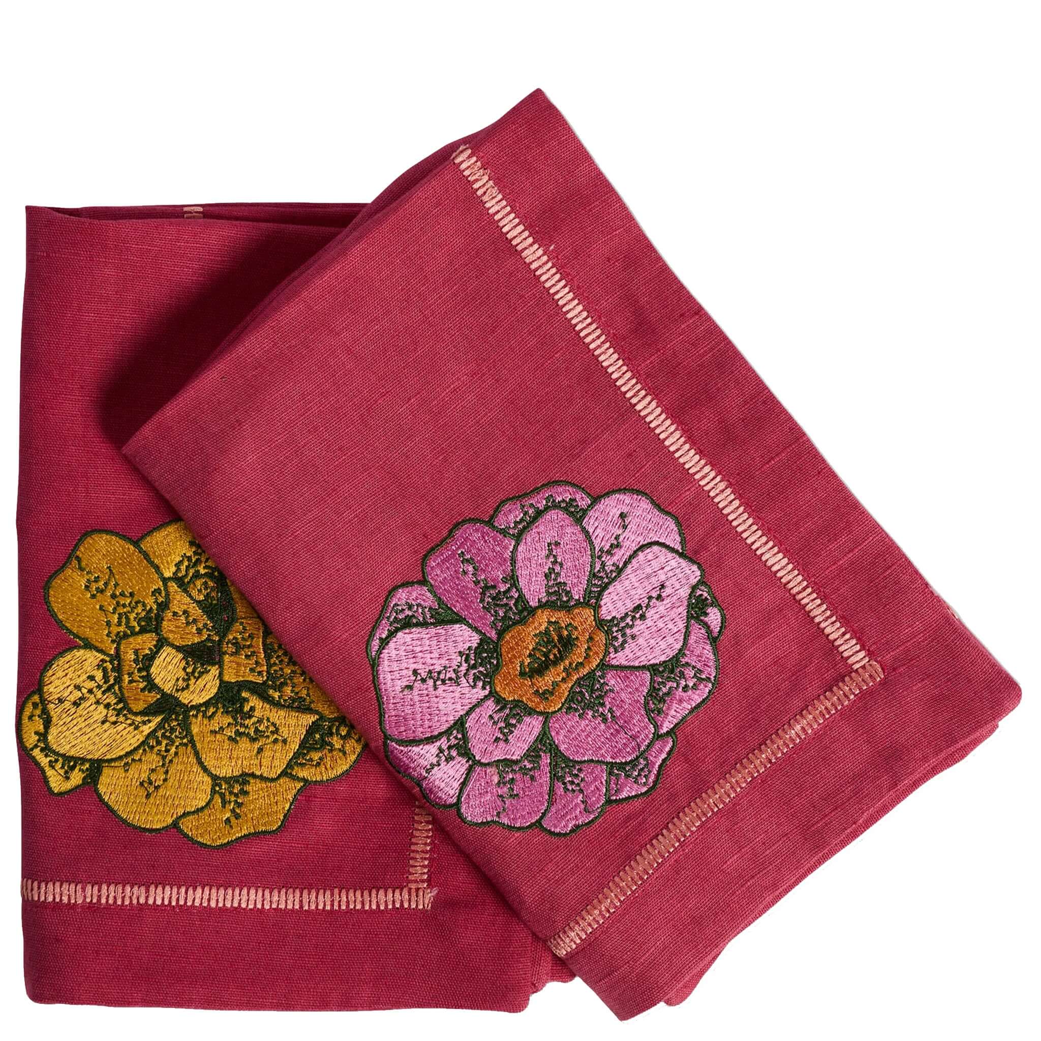 Kip & Co Embroidered Linen Napkin Set - In Bloom pink French flax linen napkins with embroidered floral detail, set of 4