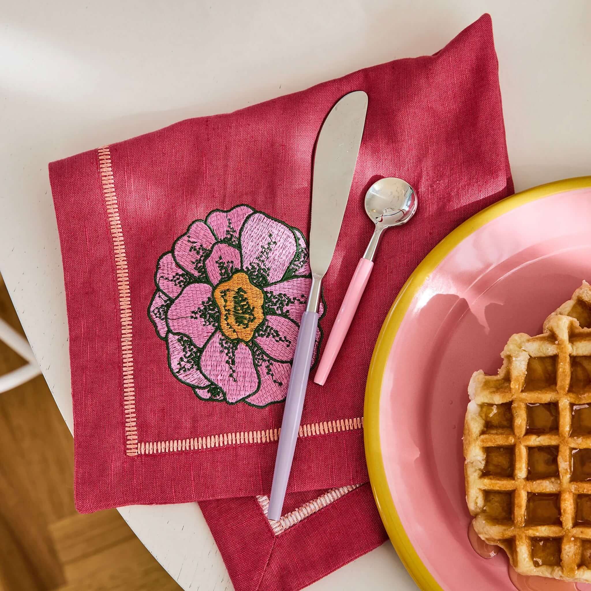 Alt Tag: Kip & Co Embroidered Linen Napkin Set - In Bloom pink embroidered flower French flax linen napkin set of 4 45x45cm